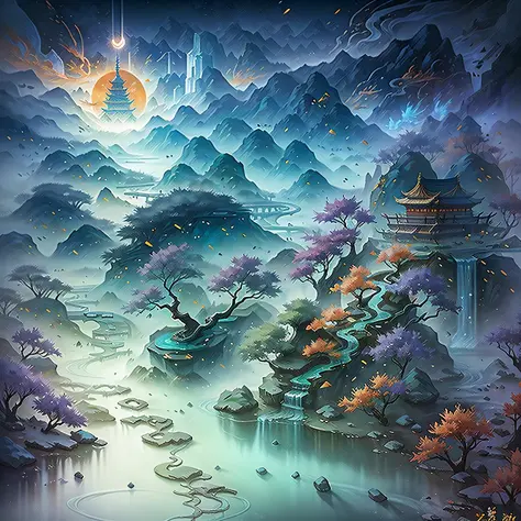 (fantasy, immortal cultivation, fantasy scene) sunshine, best shadow, masterpiece, highest picture quality, 8K resolution, surrounded by mountains in the distance, flowing water, Chinese ancient buildings are scattered, fairy ethereal, fine details, showin...