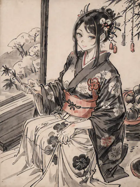 He even drew the texture of Japanese paper and made black and white woodblock prints in ink. In the early Showa period, she was about 32 years old, and she was a woman with no strong self-esteem in a kimono and kappo kimono. Radishes are being cut in the o...