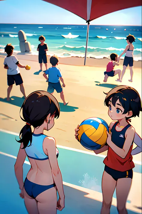 One boy enrolled a girl, at the beach, and there were 3 children playing beach volleyball in front of him