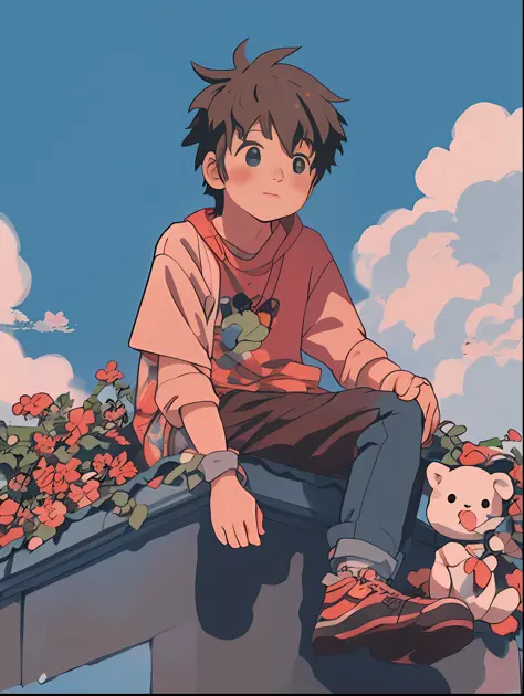 anime boy sitting on a ledge with stuffed animals, cute art style, lofi artstyle, cute detailed digital art, anime aesthetic, cu...
