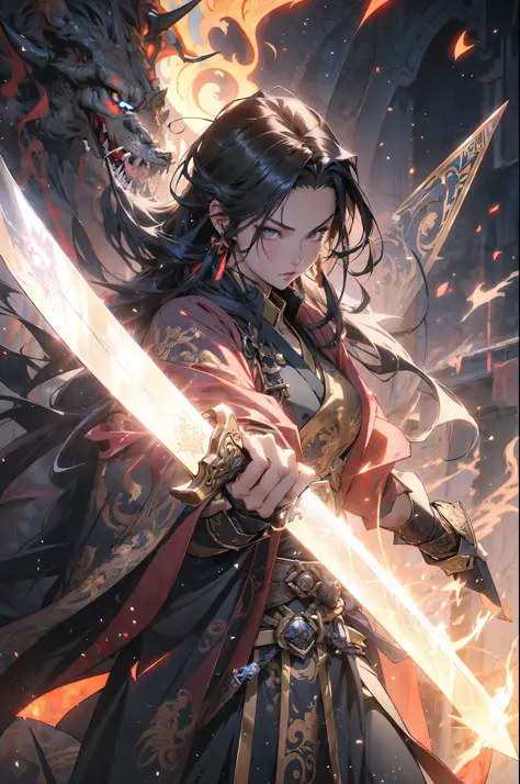 anime - style image of a woman holding a sword in front of a sky, handsome guy in demon slayer art, by Yang J, with large sword,...