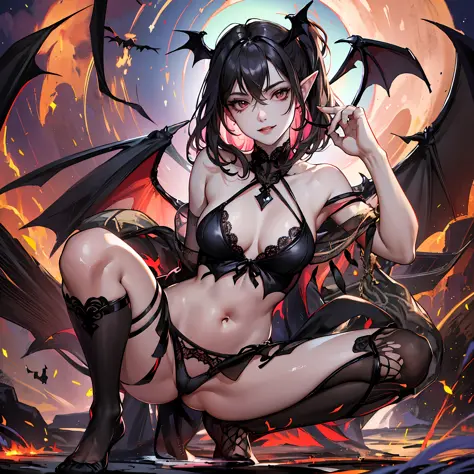 Top quality, masterpiece, high resolution, 1 girl, beautiful detail face, with a pair of bat wings, legs spread and squatting in front of the audience, fair skin, long eyelashes, vampire ears, dark style, bad smile, cute and delicate face, transparent blac...