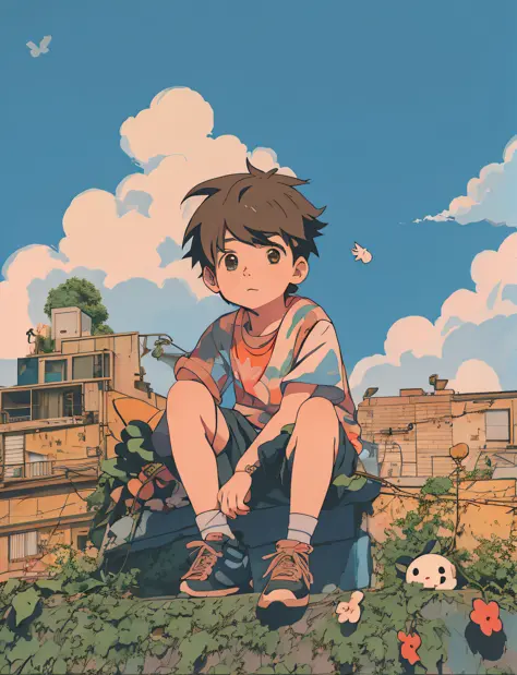 anime boy sitting on a ledge with stuffed animals, cute art style, lofi artstyle, cute detailed digital art, anime aesthetic, cu...