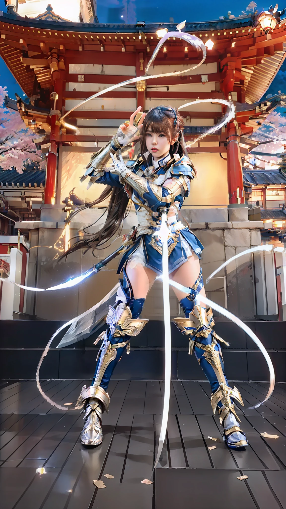 A woman in a blue and gold outfit holding two swords - SeaArt AI