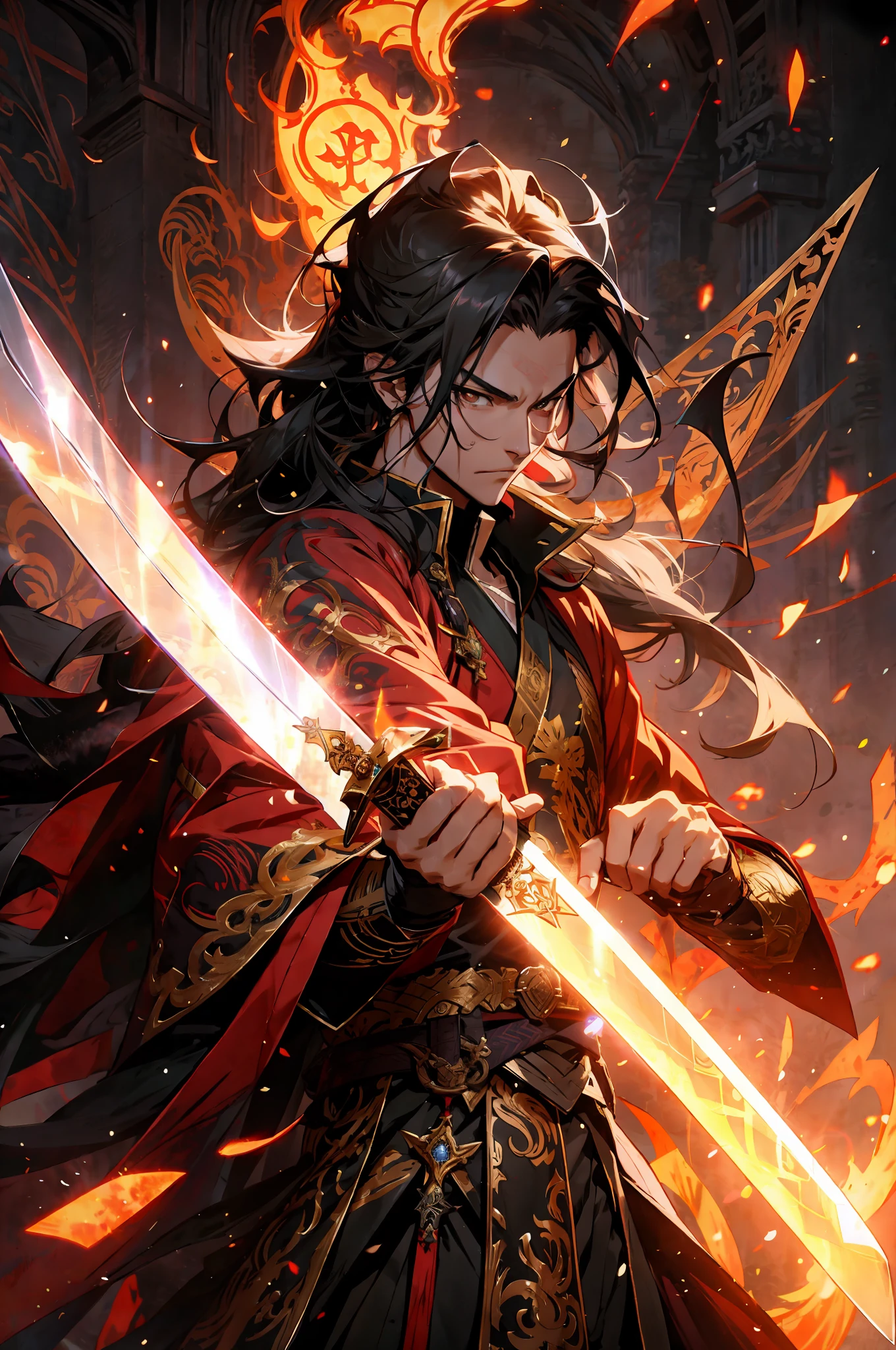anime - style image of a man holding a sword in front of a sky, handsome guy in demon slayer art, by Yang J, with large sword, demon slayer artstyle, badass anime 8 k, epic fantasy digital art style, keqing from genshin impact, 2. 5 d cgi anime fantasy artwork, demon slayer rui fanart, detailed digital anime art
