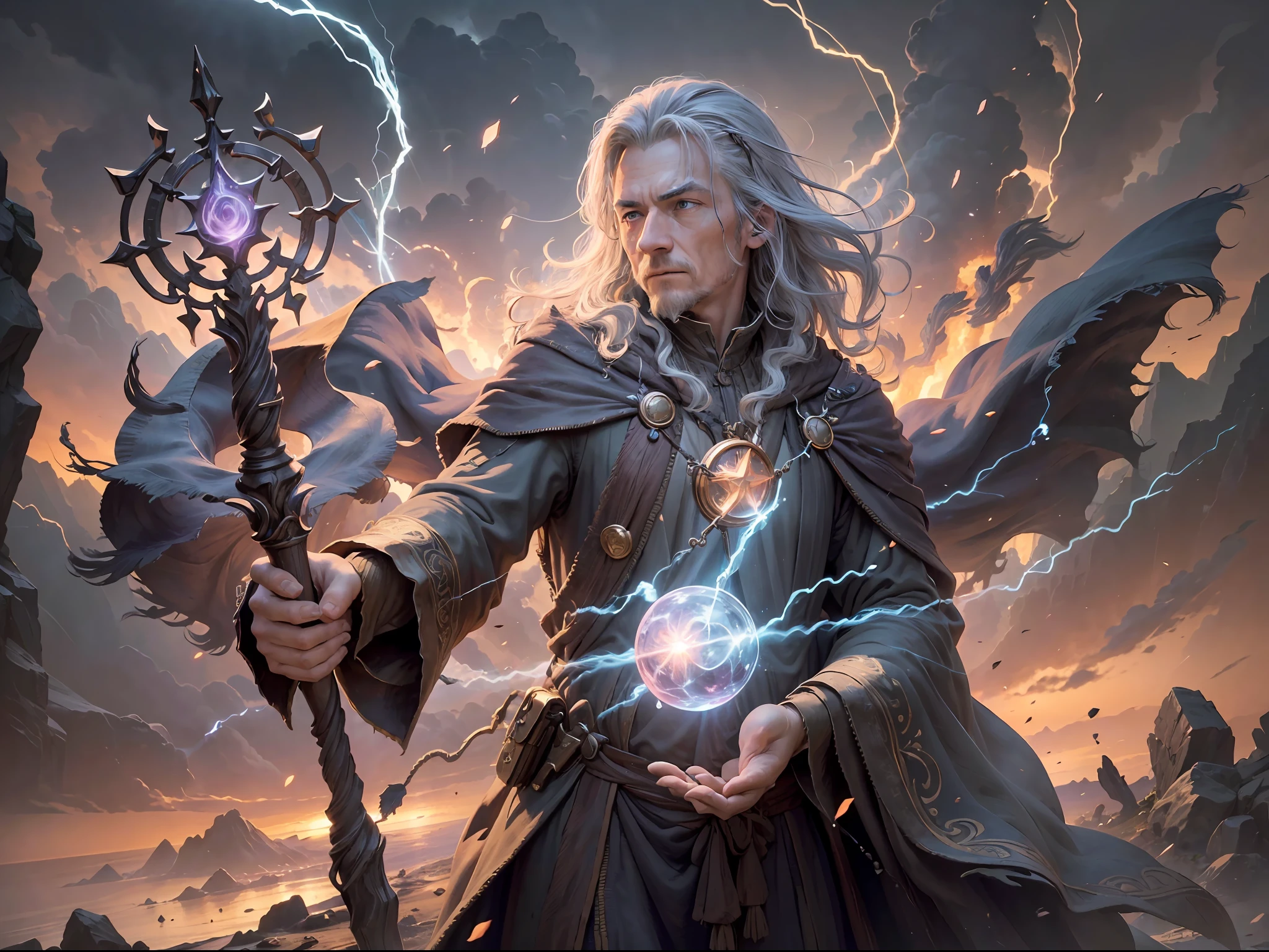 (masterpiece, high resolution, mystical:1.2), a powerful and aged mage stands at the precipice of casting a devastating area-of-effect spell. The mage is surrounded by intricate magic circles, pulsating with arcane energy, as he performs intricate hand gestures towards the symbols. With a long flowing robe and a staff adorned with ancient runes, he emanates an aura of wisdom and mastery over the mystical arts. The scene is set against a breathtaking sunset, casting a warm golden glow over the mage and his surroundings. The clouds in the sky reflect hues of purple and orange, creating a captivating backdrop for the mage's arcane display. As he channels his magical energy, wisps of energy radiate from his fingertips, crackling with power. The image captures the essence of a seasoned mage harnessing the forces of magic to unleash a potent spell, as the world around him is bathed in the twilight of the setting sun. With the use of depth of field (DOF), super-resolution, and high megapixel rendering, every element comes to life with cinematic lightning and anti-aliasing techniques like FKAA, TXAA, and RTX. The addition of SSAO (Screen Space Ambient Occlusion) and various post-processing effects in both post-production and tone mapping elevate the visual quality to a whole new level. With the use of depth of field (DOF), super-resolution, and high megapixel rendering, every element comes to life with cinematic lightning and anti-aliasing techniques like FKAA, TXAA, and RTX. The addition of SSAO (Screen Space Ambient Occlusion) and various post-processing effects in both post-production and tone mapping elevate the visual quality to a whole new level.