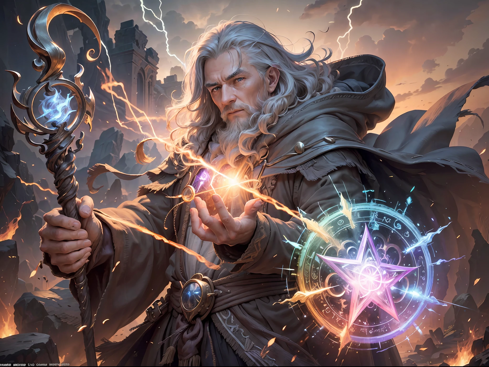 (masterpiece, high resolution, mystical:1.2), a powerful and aged mage stands at the precipice of casting a devastating area-of-effect spell. The mage is surrounded by intricate magic circles, pulsating with arcane energy, as he performs intricate hand gestures towards the symbols. With a long flowing robe and a staff adorned with ancient runes, he emanates an aura of wisdom and mastery over the mystical arts. The scene is set against a breathtaking sunset, casting a warm golden glow over the mage and his surroundings. The clouds in the sky reflect hues of purple and orange, creating a captivating backdrop for the mage's arcane display. As he channels his magical energy, wisps of energy radiate from his fingertips, crackling with power. The image captures the essence of a seasoned mage harnessing the forces of magic to unleash a potent spell, as the world around him is bathed in the twilight of the setting sun. With the use of depth of field (DOF), super-resolution, and high megapixel rendering, every element comes to life with cinematic lightning and anti-aliasing techniques like FKAA, TXAA, and RTX. The addition of SSAO (Screen Space Ambient Occlusion) and various post-processing effects in both post-production and tone mapping elevate the visual quality to a whole new level. With the use of depth of field (DOF), super-resolution, and high megapixel rendering, every element comes to life with cinematic lightning and anti-aliasing techniques like FKAA, TXAA, and RTX. The addition of SSAO (Screen Space Ambient Occlusion) and various post-processing effects in both post-production and tone mapping elevate the visual quality to a whole new level.