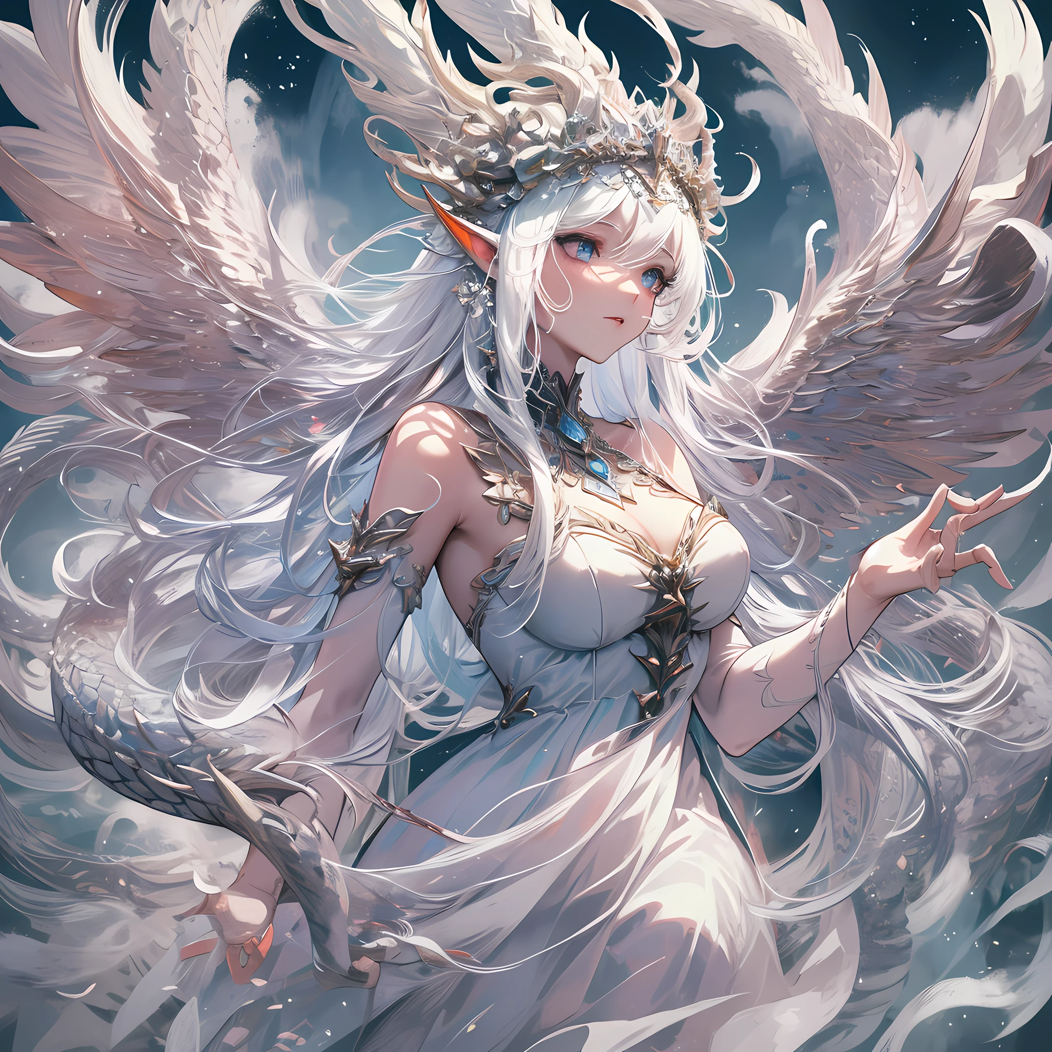 Белый божественный дракон с белой чешуей, Обернутый вокруг феи, фея с длинными распущенными волосами и тонкими чертами лица, носить длинное платье с прозрачными и нежными слоями, и красивый головной убор