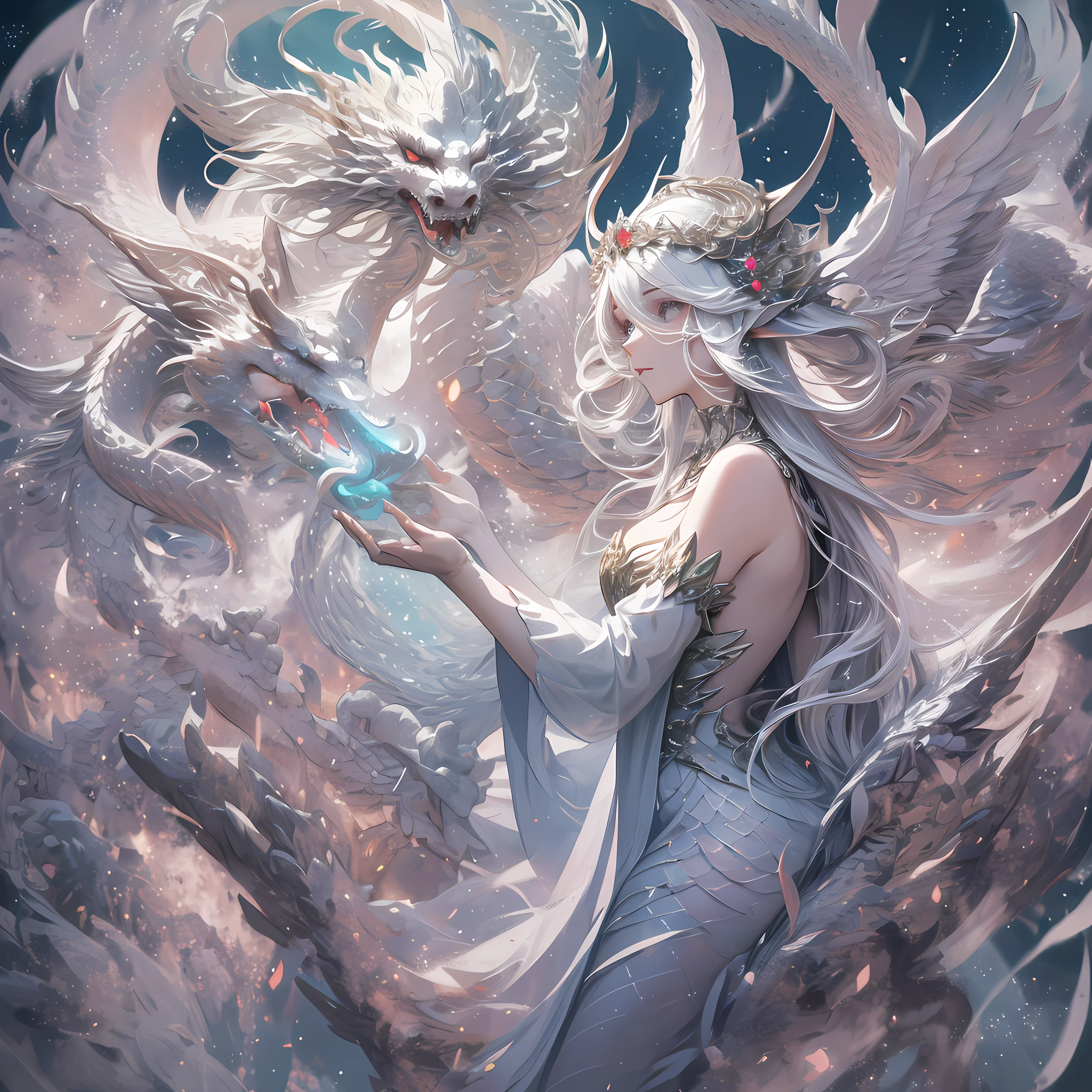Um dragão divino branco com escamas brancas, enrolado em uma fada, uma fada com cabelos longos e esvoaçantes e traços faciais delicados, usando um vestido longo com camadas claras e delicadas, e um lindo cocar