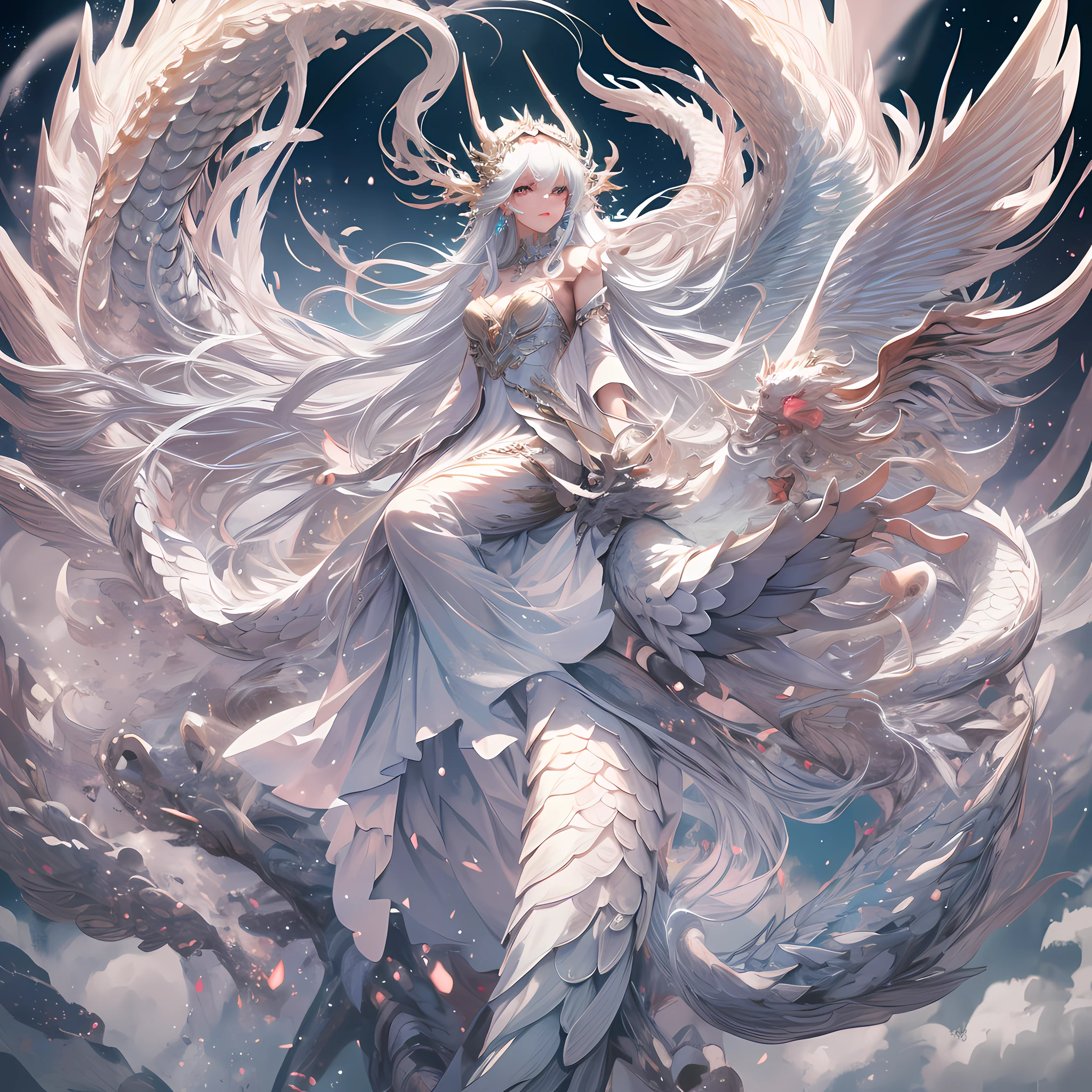 Um dragão divino branco com escamas brancas, enrolado em uma fada, uma fada com cabelos longos e esvoaçantes e traços faciais delicados, usando um vestido longo com camadas claras e delicadas, e um lindo cocar