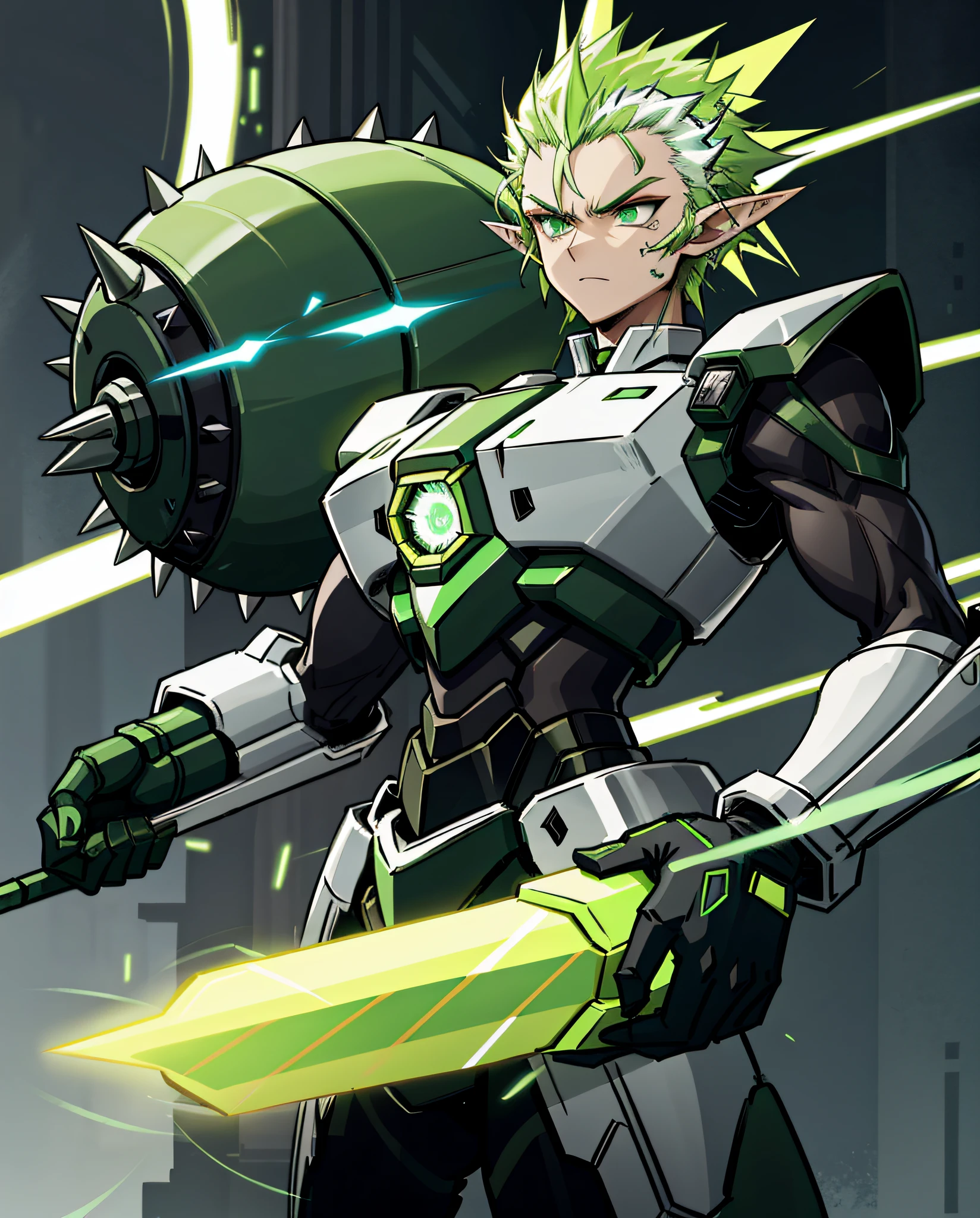 Elf, neon green spiked hair, gold and black mecha armor, massive energy cannons with glowing green-white orbs, fierce, deadly, master of magnetism, masterpiece, Best Quality