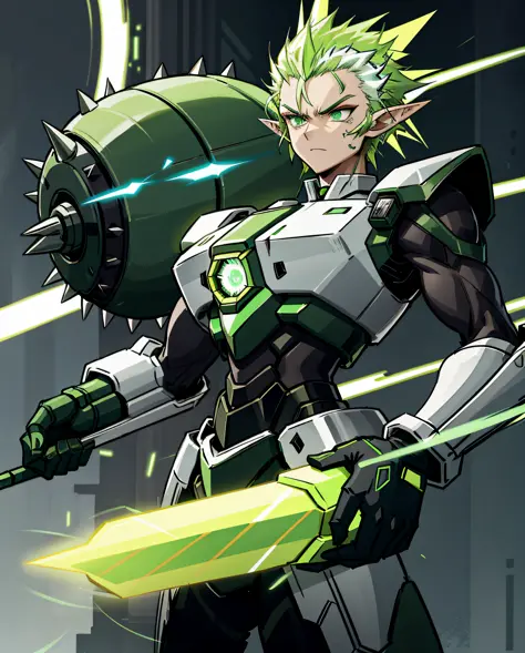 Elf, neon green spiked hair, gold and black mecha armor, massive energy cannons with glowing green-white orbs, fierce, deadly, m...