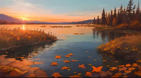 Masterpiece, best quality, depth of field, dusk, orange sky, sunset, glow, lake, hills, autumn, willow, fallen leaves