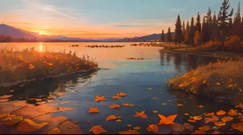 masterpiece, best quality, depth of field, dusk, orange sky, sunset, glow, lake, hills, autumn, willow, fallen leaves