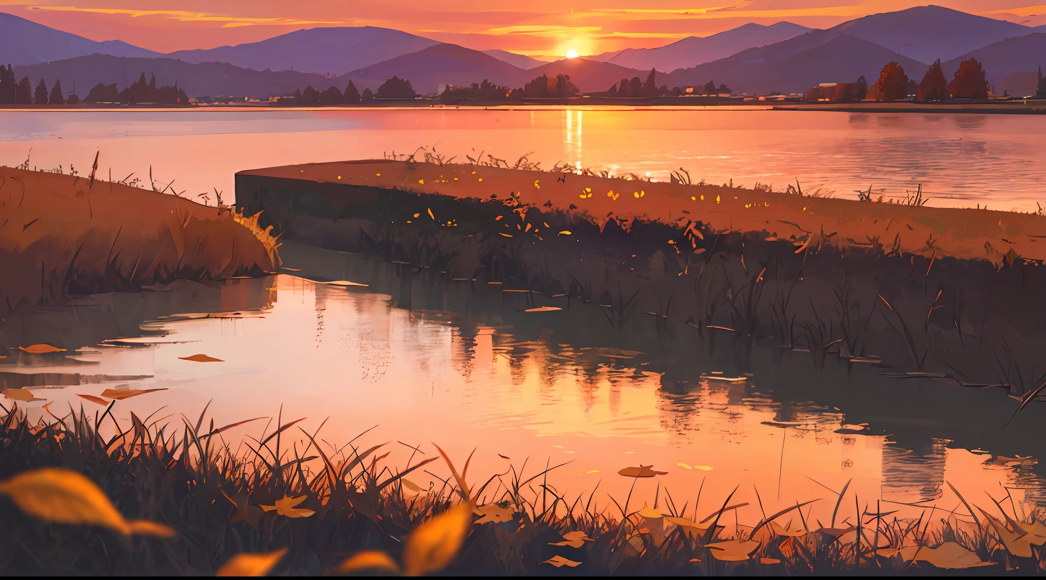 Masterpiece, best quality, depth of field, dusk, orange sky, sunset, glow, lake, hills, autumn, willow, fallen leaves