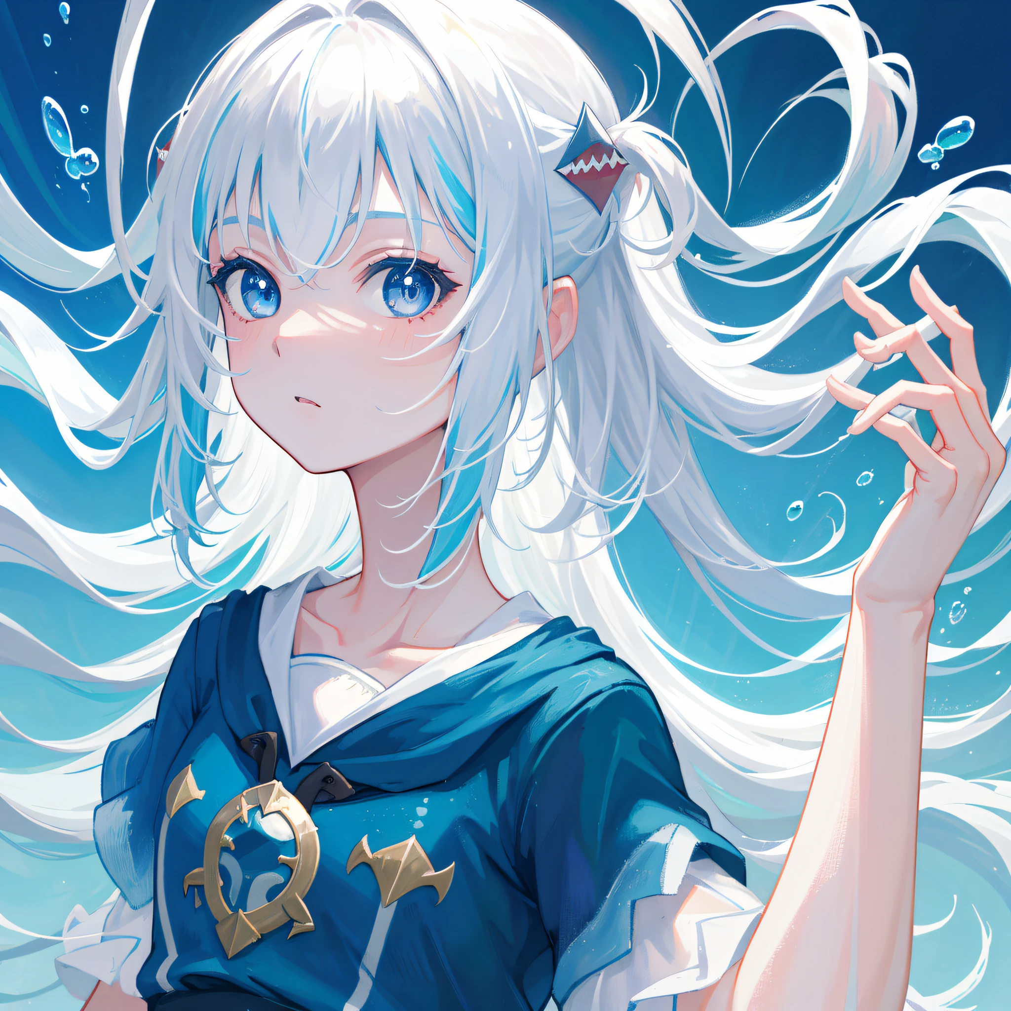 (人物: Gawr Gura),(masterpiece:1.2), 1girl, solo, best quality, shiny skin, hyper detailed ultra high res, in the water, underwater, cute, looking at viewer, extremely detailed wallpaper, close up portrait