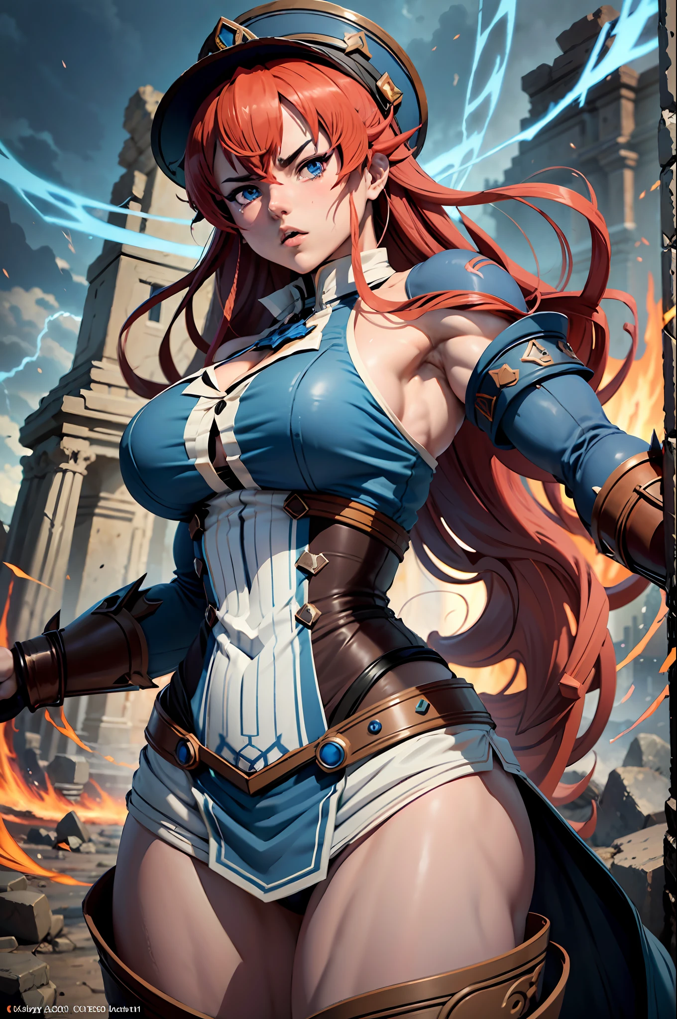 (masterpiece, high resolution, photo-realistic:1.3), Eris Greyhat from Mushoku Tensei, grown physique, sculpted muscles, (revealing outfit:1.2), emphasizing toned muscles, (abundant cleavage:1.1), accentuated hips, confident posture, intense gaze, (piercing blue eyes:1.2), dynamic background, magical aura, swirling energy, epic battle scene, powerful spells, sparks and flames, atmospheric lighting, intense emotion, determined expression, mid-action, vibrant colors, foreground debris, (detailed environment:1.2), ancient ruins, towering pillars, mystical runes, symbolizing growth and strength. (masterpiece, high resolution, photo-realistic:1.3), Eris Greyhat from Mushoku Tensei, grown physique, sculpted muscles, (revealing outfit:1.2), emphasizing toned muscles, (abundant cleavage:1.1), accentuated hips, confident posture, intense gaze, (piercing blue eyes:1.2), dynamic background, magical aura, swirling energy, epic battle scene, powerful spells, sparks and flames, atmospheric lighting, intense emotion, determined expression, mid-action, vibrant colors, foreground debris, (detailed environment:1.2), ancient ruins, towering pillars, mystical runes, symbolizing growth and strength.