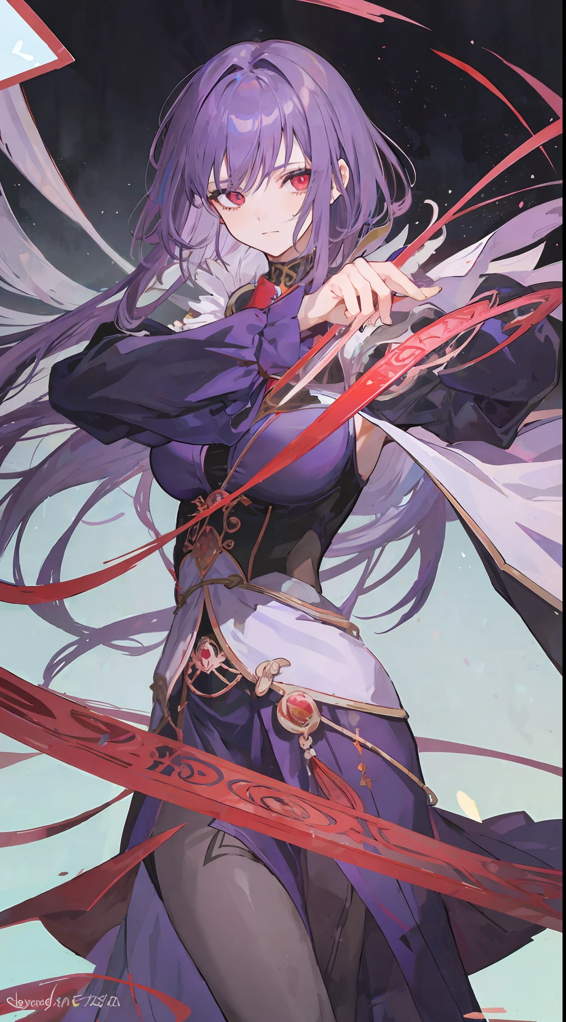 1girl, purple hair, sharp red eyes, make it like tarot anime-style but no frame