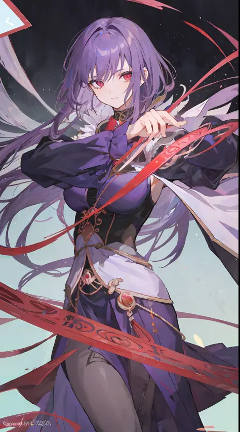 1girl, purple hair, sharp red eyes, make it like tarot anime-style but no frame