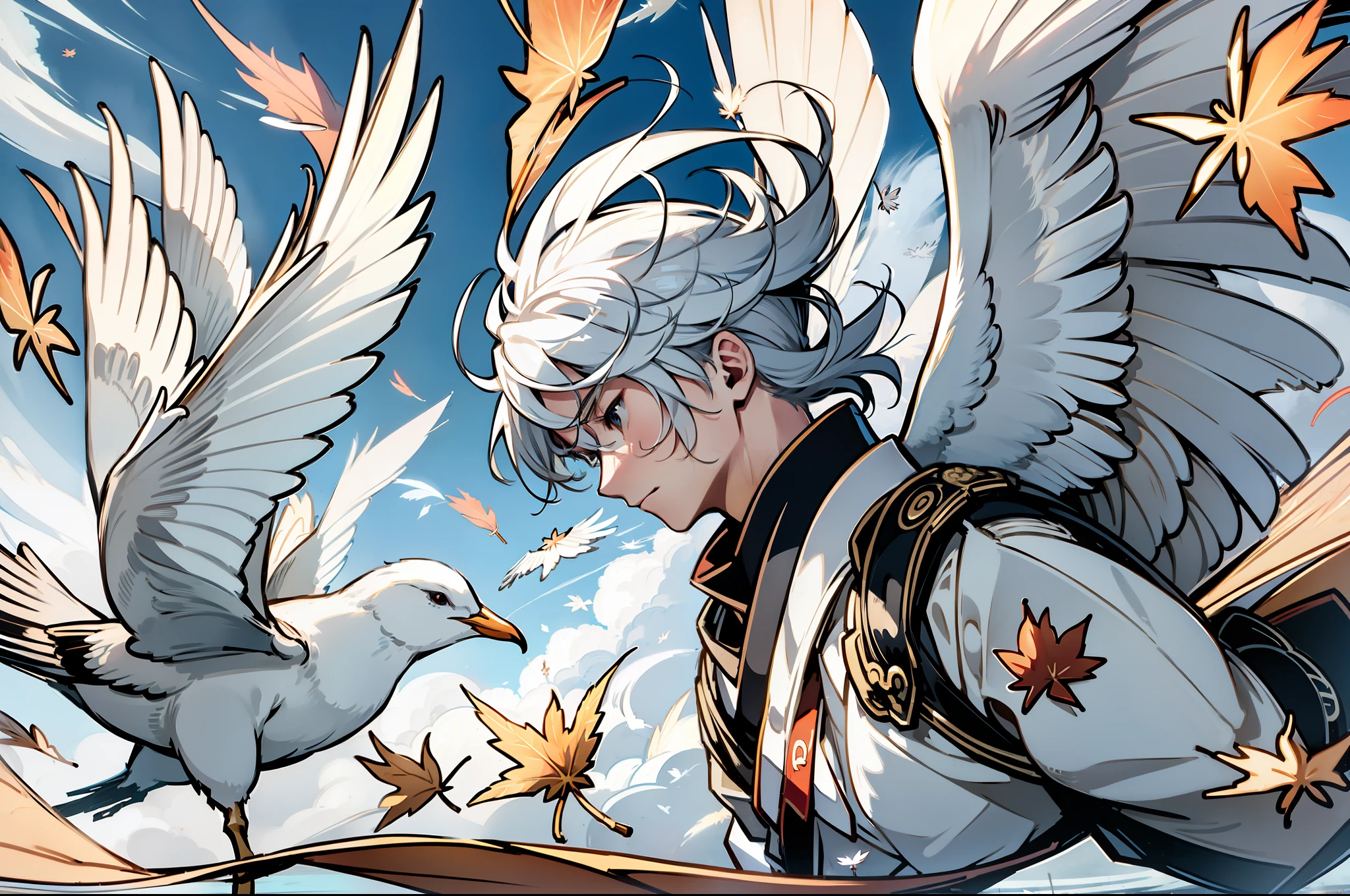 Masterpiece, Best quality, Highly detailed, Panorama, Delicate facial features, 1 boy, solo, expressionless, white hair, low ponytail, ((feather wings)), (((flying in the air))), outdoor, japanese, white bird, seagull, feathers floating in the air, ethereal power, whirlwind, whirlwind in background, white tones, whirlwind, ethereal atmosphere, (delicate face), (((maple leaf)))