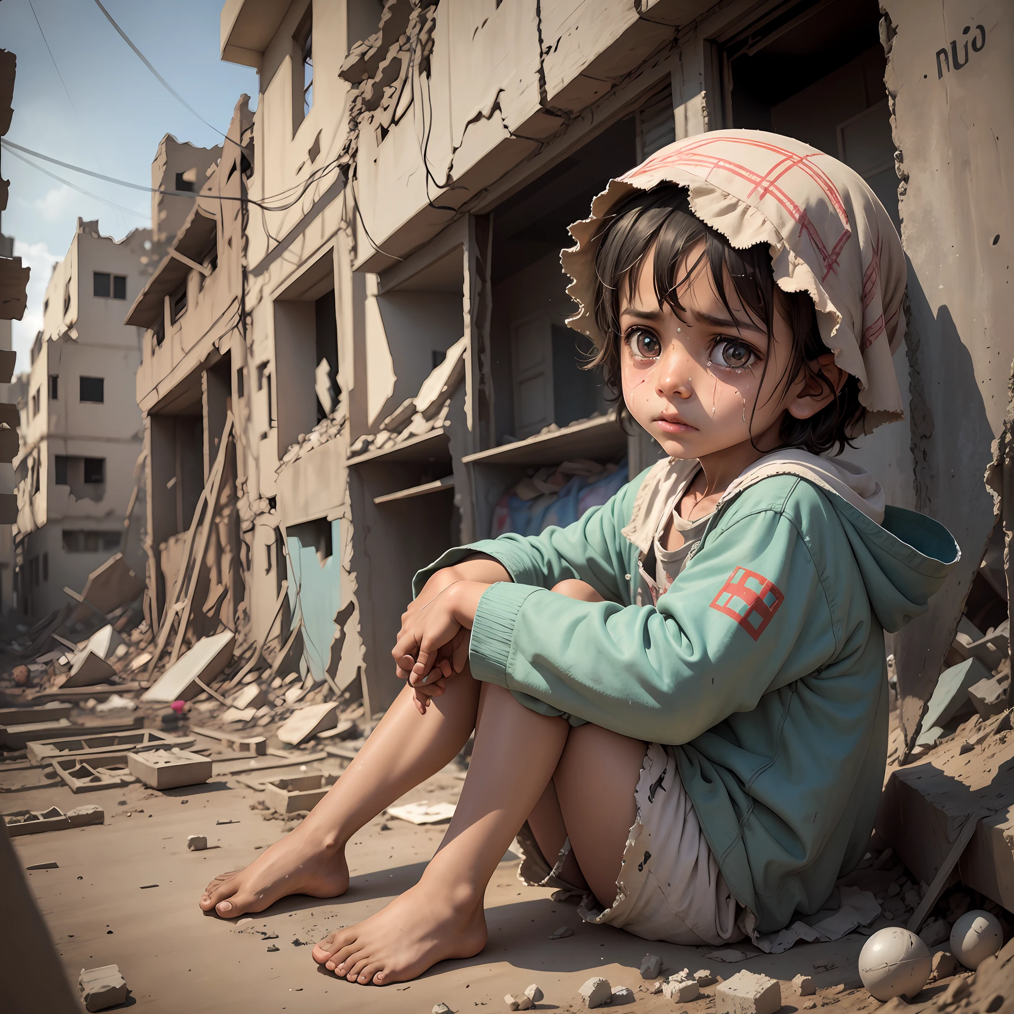 A Yemeni child, about 7 years old, sitting amid rubble and rubble,The ...