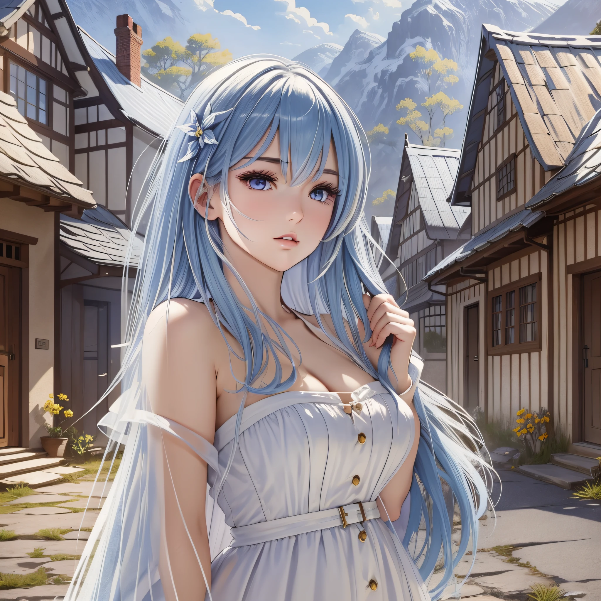 (masterpiece, best quality, ultra-detailed, illustration), beautiful face, perfect body, 1girl, solo, dress, straps, village, old houses, outdoors, folk, legends