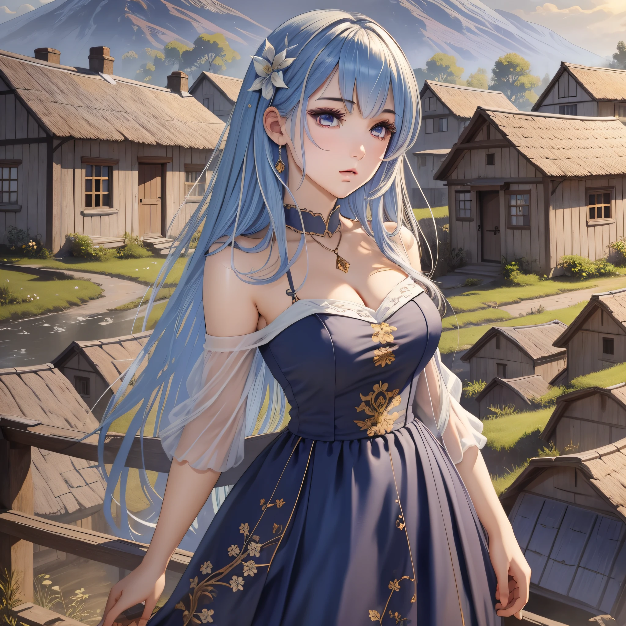 (masterpiece, best quality, ultra-detailed, illustration), beautiful face, perfect body, 1girl, solo, dress, straps, village, old houses, outdoors, folk, legends