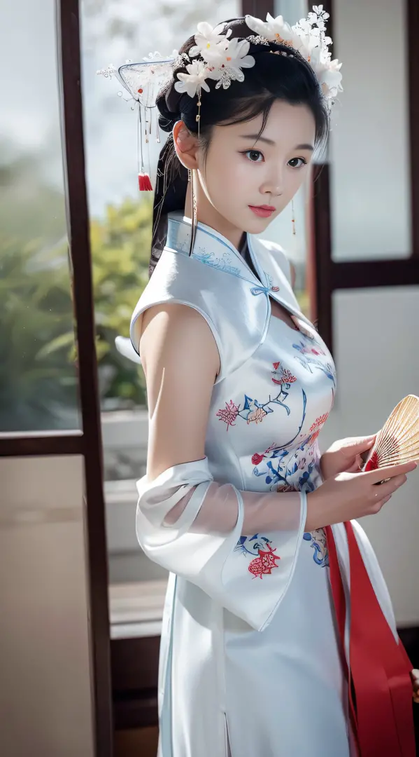A beautiful woman in a white embroidered cheongsam, holding a tuan fan (蒲fan) in her hand, looks at you thoughtfully,