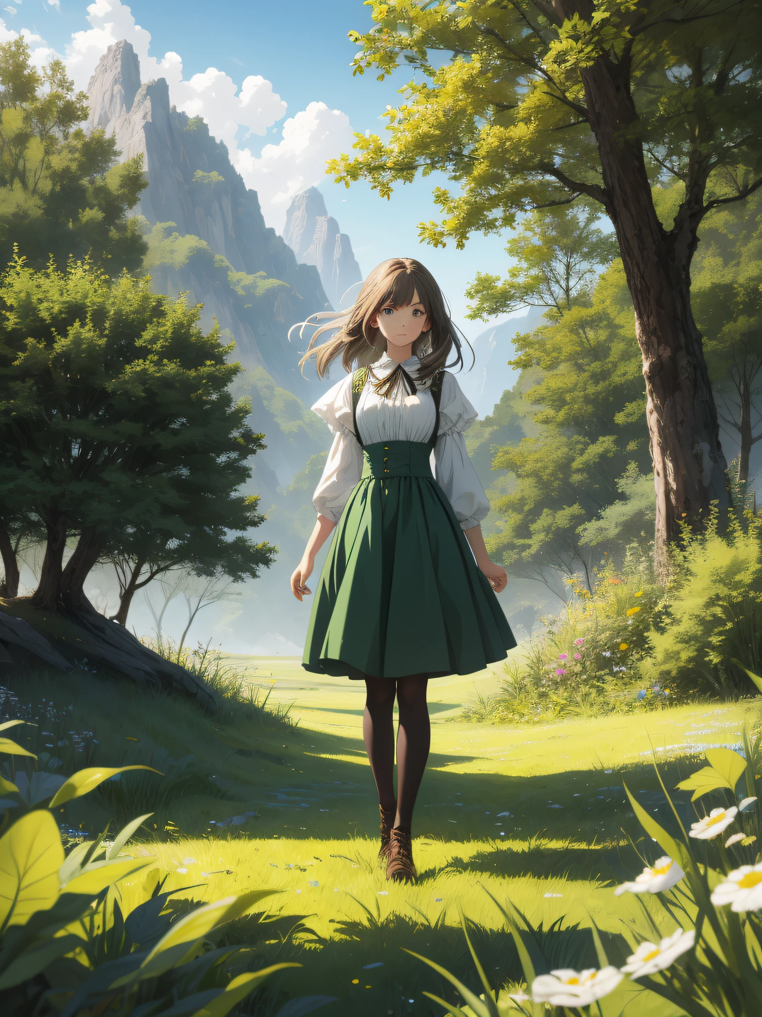 In a green meadow stands a girl leading a group of knights.
BREAK
With a brave expression, she guides them towards their destination.
BREAK
Behind her, a green forest stretches out and beyond that, mountains rise in the distance.
BREAK
The most suitable effect for this scene would be a watercolor painting technique to capture the softness of the meadow and the fluidity of the movement.