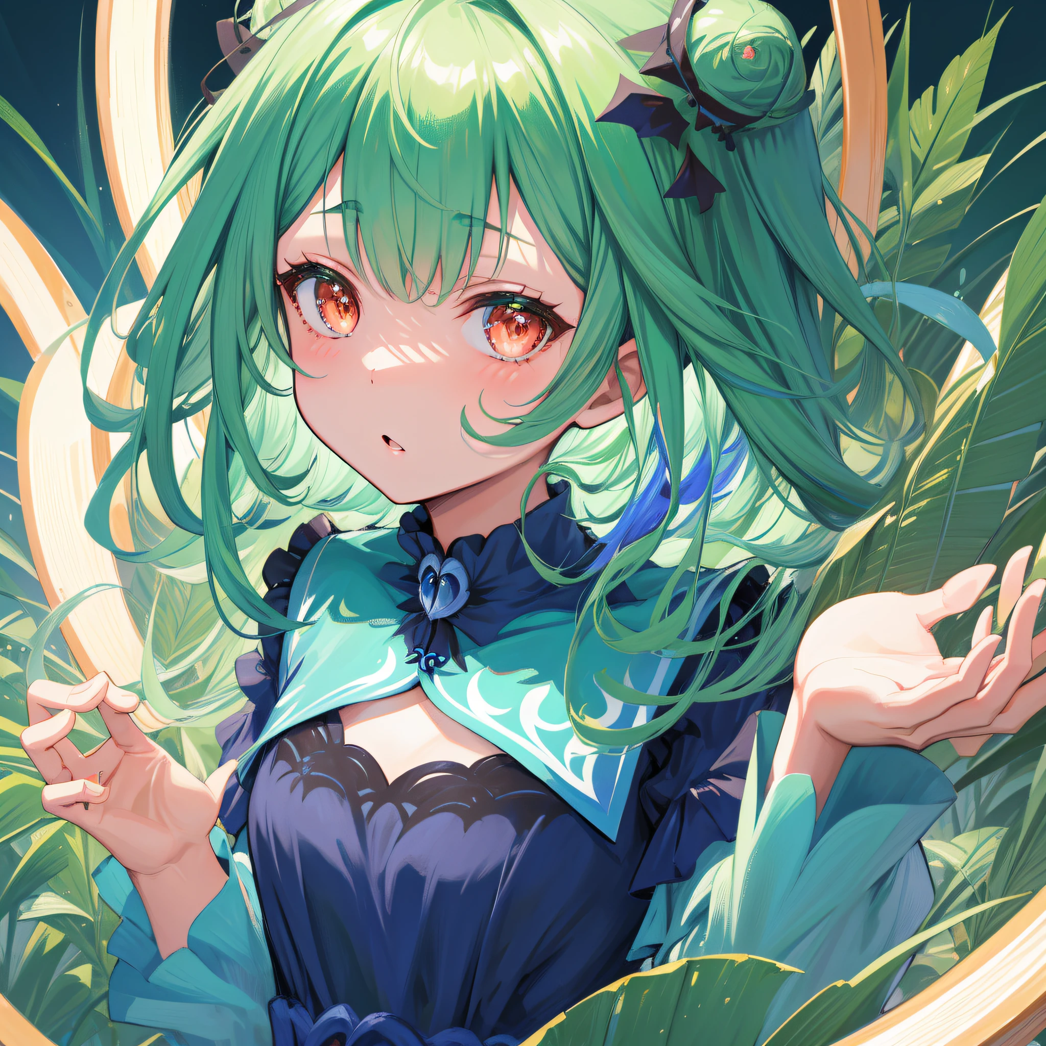 (figure: Uruha Rushia), {green hair},  (masterpiece:1.2), 1girl, 独奏, best quality, shiny skin, hyper detailed ultra high res, cute, looking at viewer, extremely detailed wallpaper, close up portrait