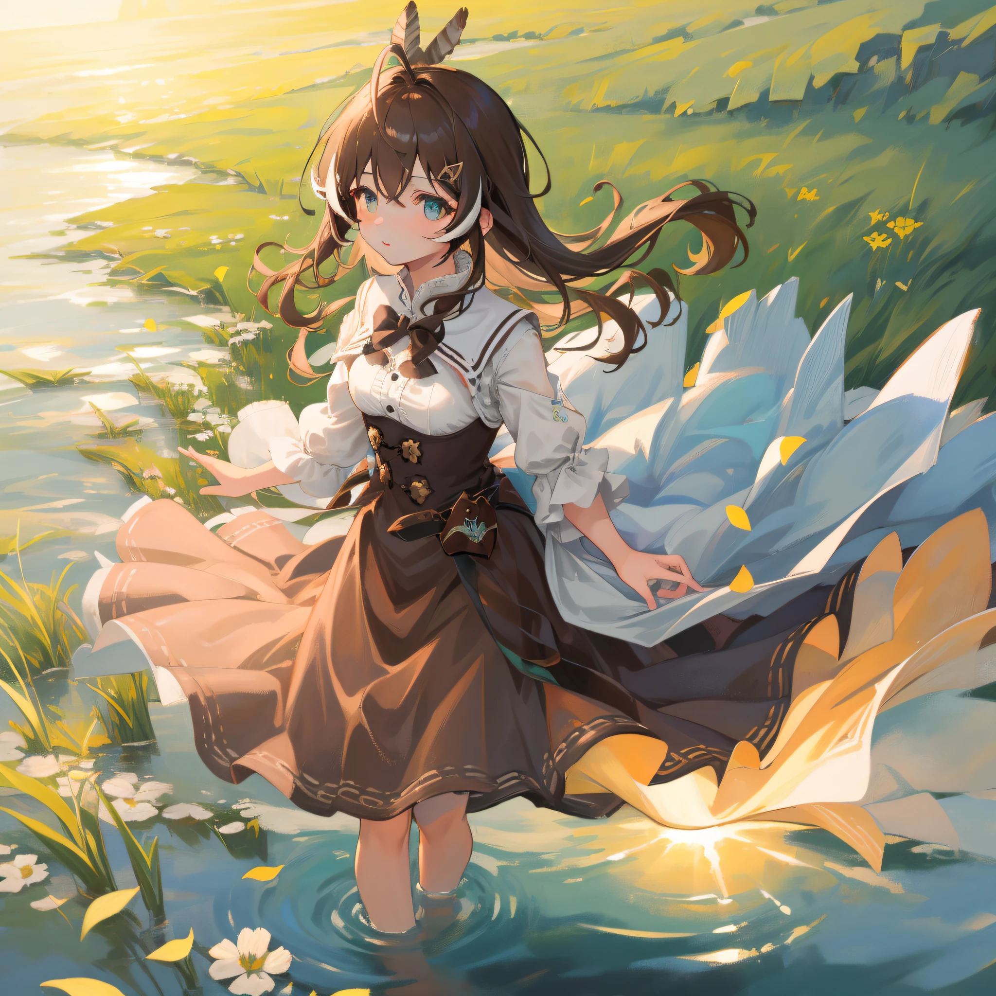 (人物: Nanashi Mumei), {brown hair}, (masterpiece:1.2), 1girl, solo, best quality, shiny skin, hyper detailed ultra high res, cute, looking at viewer, extremely detailed wallpaper, close up portrait, beautiful and delicate water, the finest grass, very delicate light, nature, painting, water spray, breeze, flowers and grass meadow, near the water edge, (sunset, starry sky in a circle), randomly distributed clouds, river, splashing water, falling petals