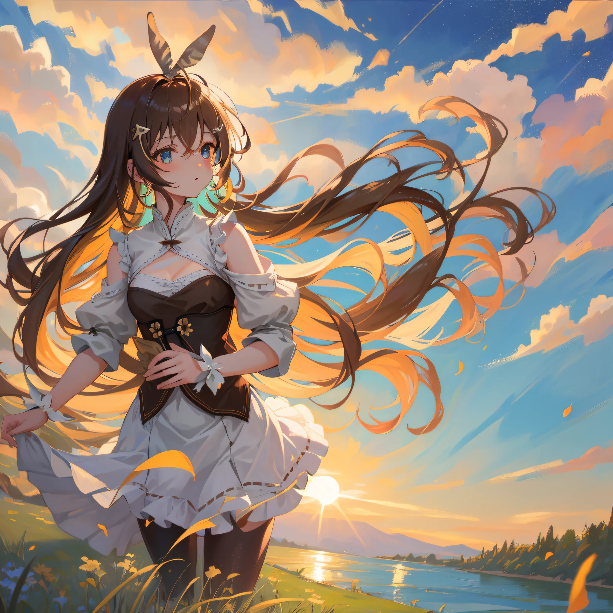 (人物: Nanashi Mumei), {brown hair}, (masterpiece:1.2), 1girl, solo, best quality, shiny skin, hyper detailed ultra high res, cute, looking at viewer, extremely detailed wallpaper, close up portrait, beautiful and delicate water, the finest grass, very delicate light, nature, painting, water spray, breeze, flowers and grass meadow, near the water edge, (sunset, starry sky in a circle), randomly distributed clouds, river, splashing water, falling petals