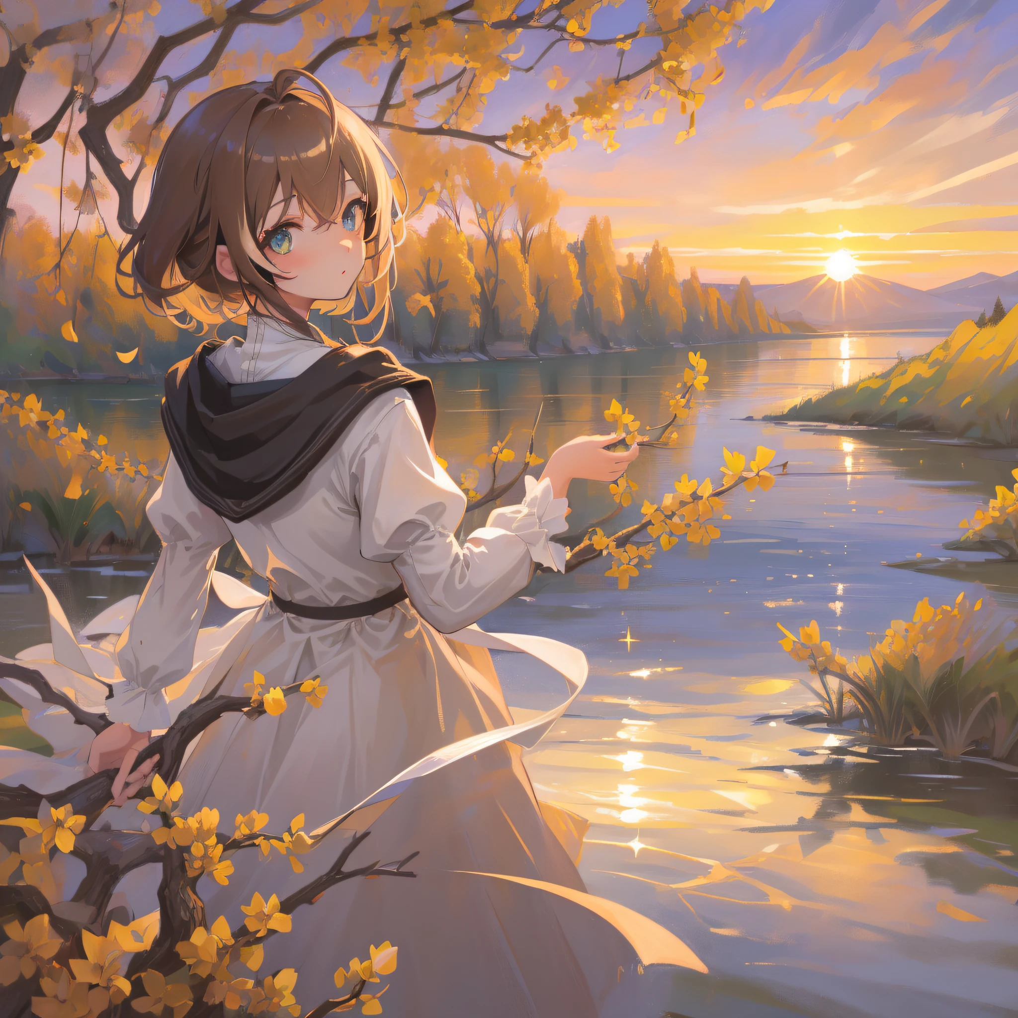 (人物: Nanashi Mumei), {brown hair}, (masterpiece:1.2), 1girl, solo, best quality, shiny skin, hyper detailed ultra high res, cute, looking at viewer, extremely detailed wallpaper, close up portrait, (water bloom), (delicate glow),  (breeze), long   Flowers meadow,(((sunset)), (less stars form a circle), randomly distributed clouds, (rivers), (willows with branches falling into the water)