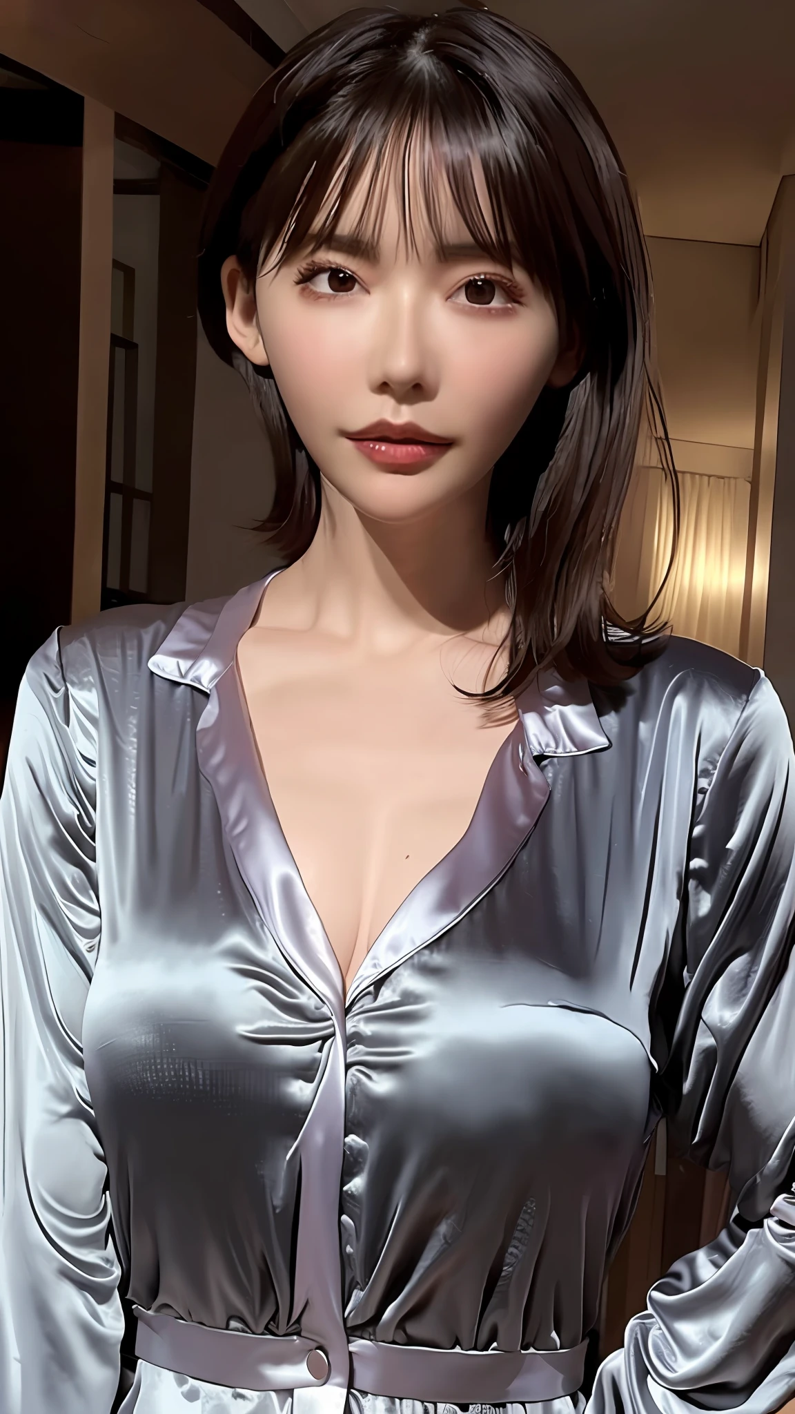 Best quality, best image quality, highest resolution, super detail, satin pajamas, silk pajamas, pajama material is shiny, soft and smooth to the touch, no underwear is worn, Breasts are C cup, the head of the breast can be seen through the pajamas, the whole body shot so that the face is also entered, the subject is alone, the place is the hotel bathtub, hands on the chest, sweaty,