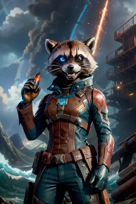 (Masterpiece:1.3),(Happy:1.3) a close photo of wet (marvels rocket raccoon:1.3) in wastelander clothes looks out of the water, masterpiece, best quality, extremely detailed, sun rays shining through fur, by craig mullins, greg rutkowski, golden hour, (rain...