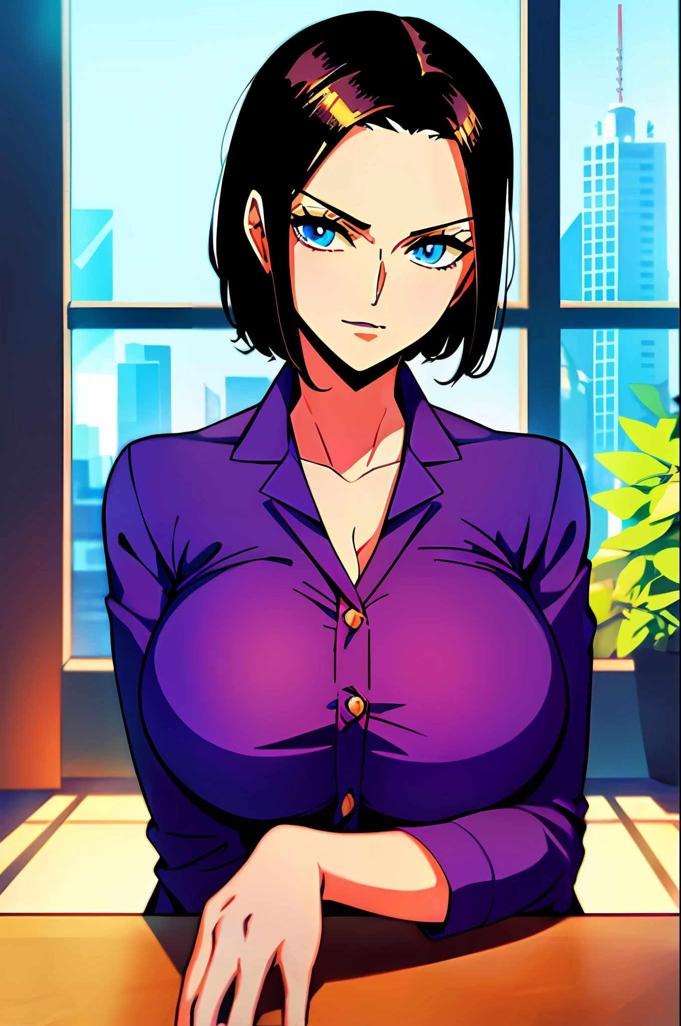 1girl (Masterpiece: 1.2) (Details: 1.2) (Best Quality: 1.1) (Glossy Hair) (Glossy Skin), Nico Robin V2, Cinematic Lighting, Girl of about 20 years old, Short hair, Office lady, Purple suit, Wearing glasses, Big breasts, Secretary-like woman, Black hair, Blue eyes, Beautiful eyes,