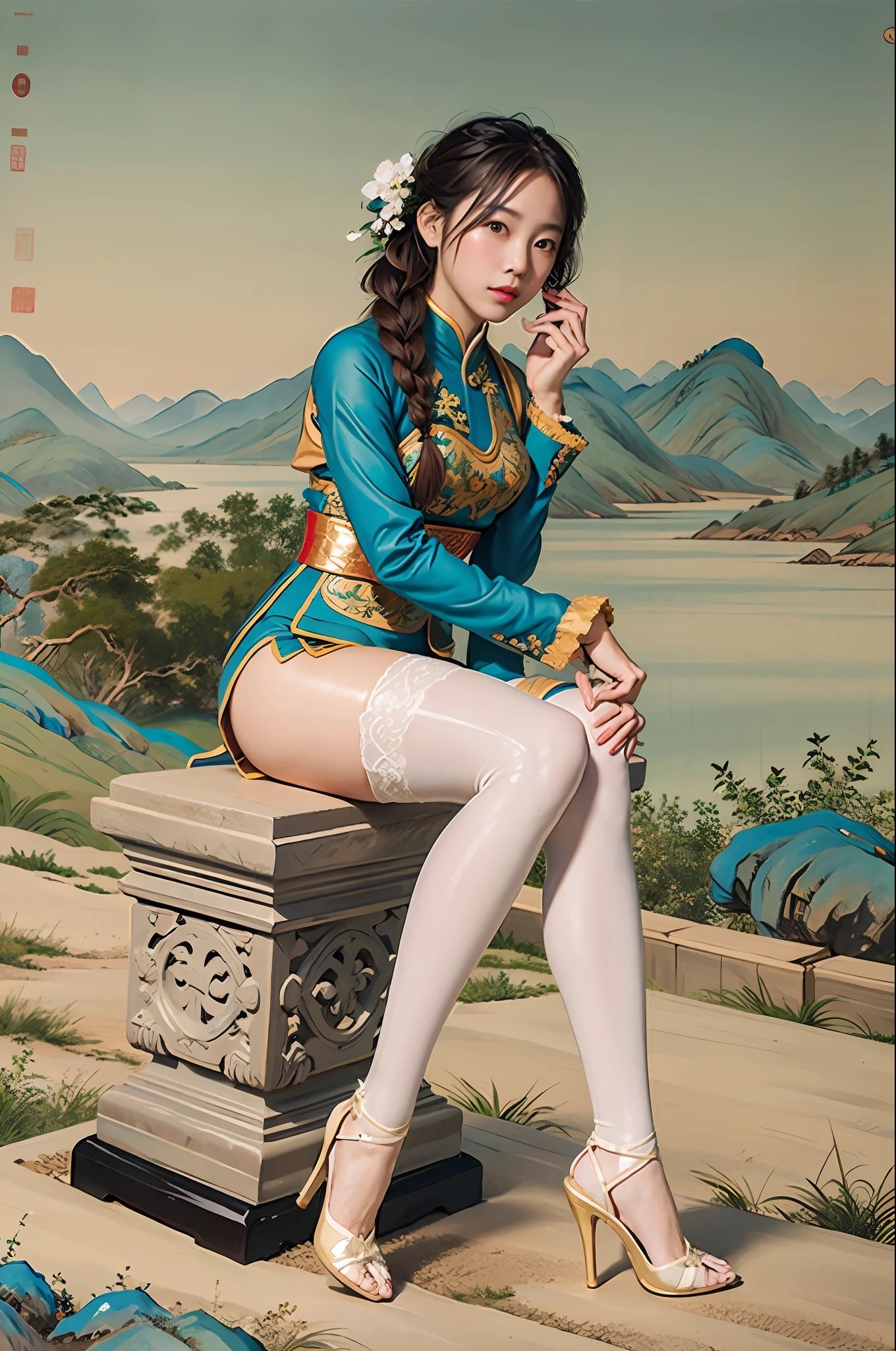 (Masterpiece), (Excellent), (Ultra Detailed), Gongbi, 1girl, Solo, Braid, Porcelain, High Heels, Stockings, Sitting Stone, Plant, Outdoor, Mountain, Landscape, Seal