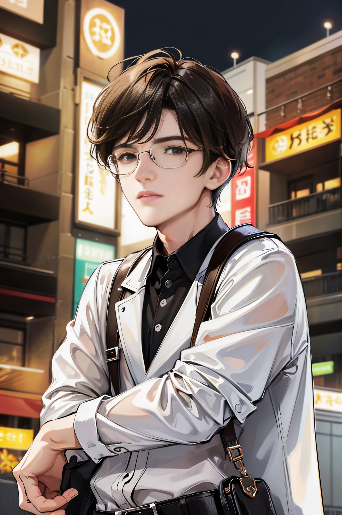 (highest resolution, distinct_image), brown pupils, brown eyes, wearing glasses, focused eyes, affectionate, best picture quality, male god masterpiece, high detail, short black hair, black hair, bangs, 18 years old, mature, young, urban elite, tall, white shirt, black pants, solid color background, cold, tall and handsome, authoritative, powerful, delicate facial features, delicate facial features, whole body