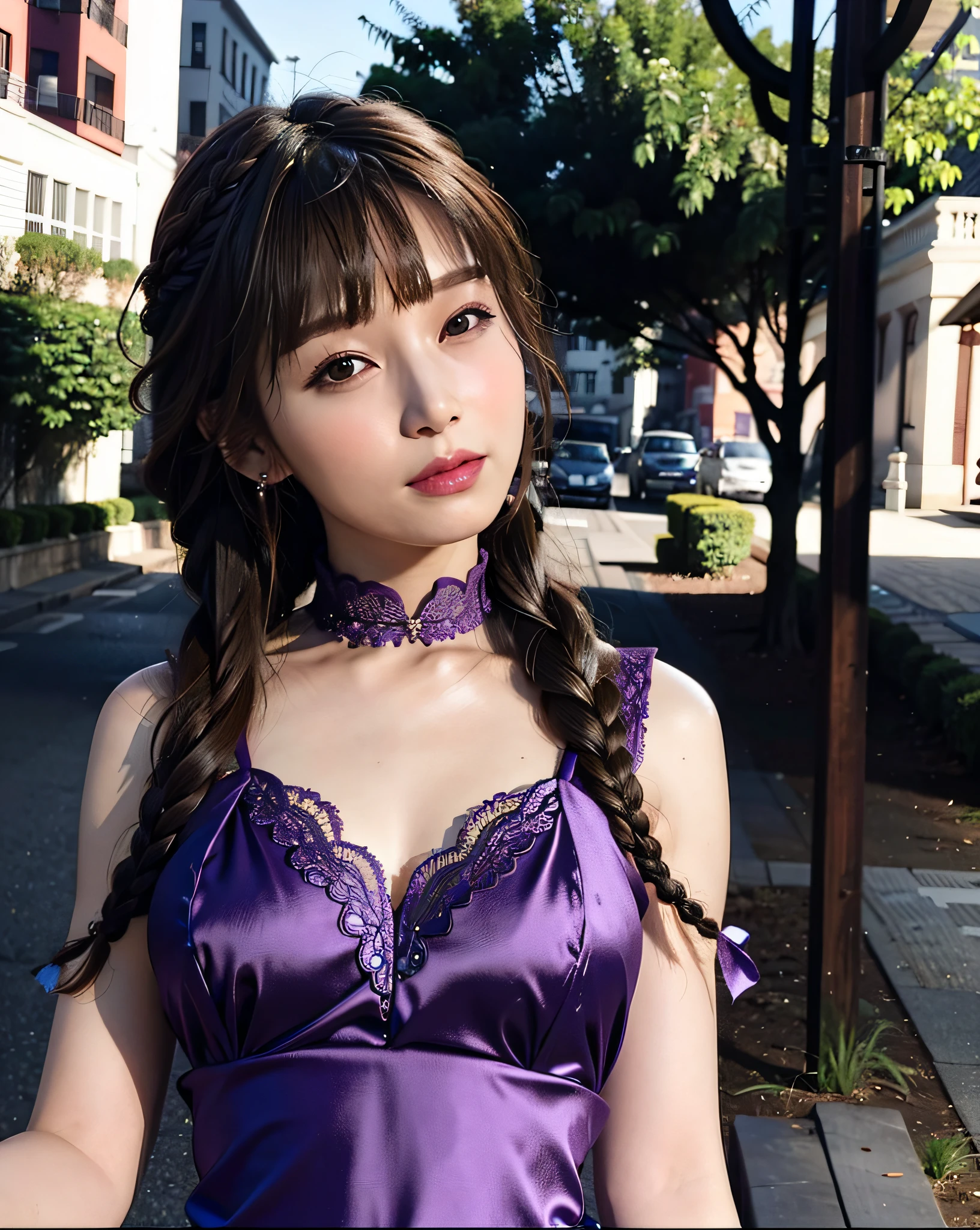 a woman posing on the street corner with purple dress on, best quality, high res, 8k, 1girl, (huge breasts), day, bright, outdoor, (street:0.8), (people, crowds:1), (lace-trimmed dress:1.5, purple clothes:1.5, purple high-neck dress:1.5, sleeveless dress, purple cloths 1.5), gorgeous, (bangs, braided hair:1.5), beautiful detailed sky, beautiful earrings, (dynamic pose:0.8), (upper body:1.2), soft lighting, wind, shiny skin, looking at viewer,