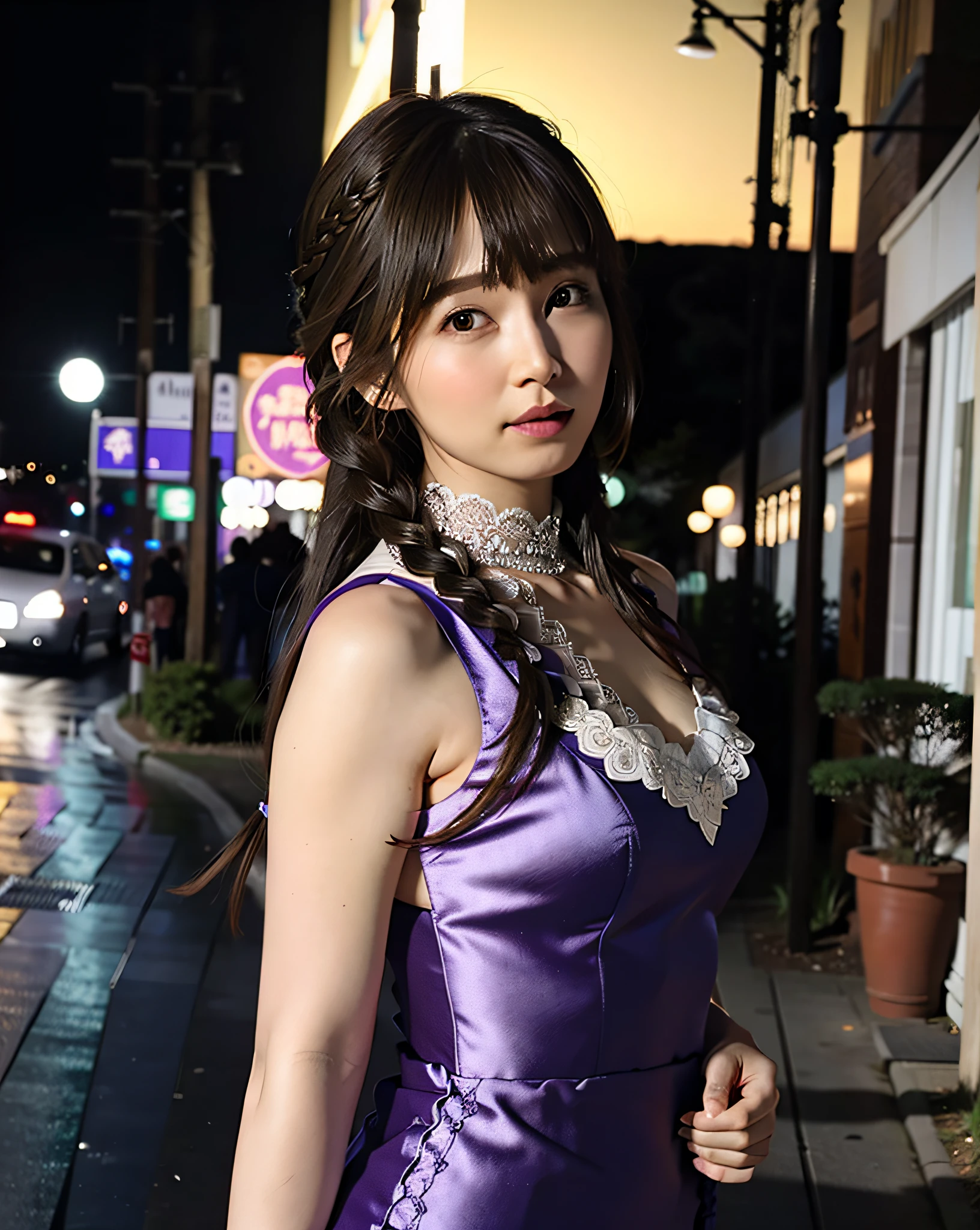 a woman posing on the ถนน corner with purple dress on, คุณภาพดีที่สุด, ความละเอียดสูง, 8k, 1สาว, (หน้าอกใหญ่), วัน, สว่าง, กลางแจ้ง, (ถนน:0.8), (ประชากร, ฝูงชน:1), (ชุดเดรสประดับลูกไม้:1.5, เสื้อผ้าสีม่วง:1.5, ชุดเดรสคอสูงสีม่วง:1.5, ชุดเดรสแขนกุด, ผ้าสีม่วง1.5), งดงาม, (เรียบ, ผมถักเปีย:1.5), ท้องฟ้าที่มีรายละเอียดสวยงาม, ต่างหูสวยๆ, (โพสท่าแบบไดนามิก:0.8), (ร่างกายส่วนบน:1.2), แสงนุ่มนวล, ลม, ผิวมันเงา, มองไปที่ผู้ดู,