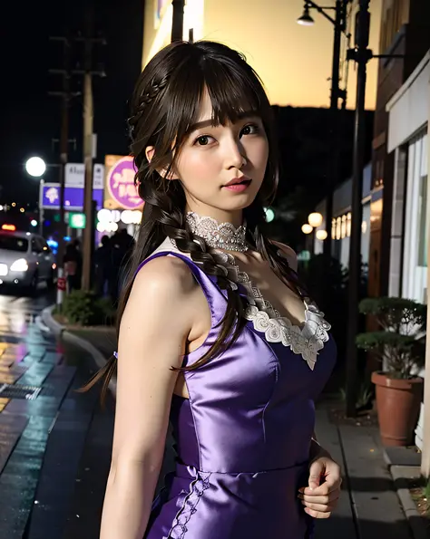 a woman posing on the street corner with purple dress on, best quality, high res, 8k, 1girl, (huge breasts), day, bright, outdoo...