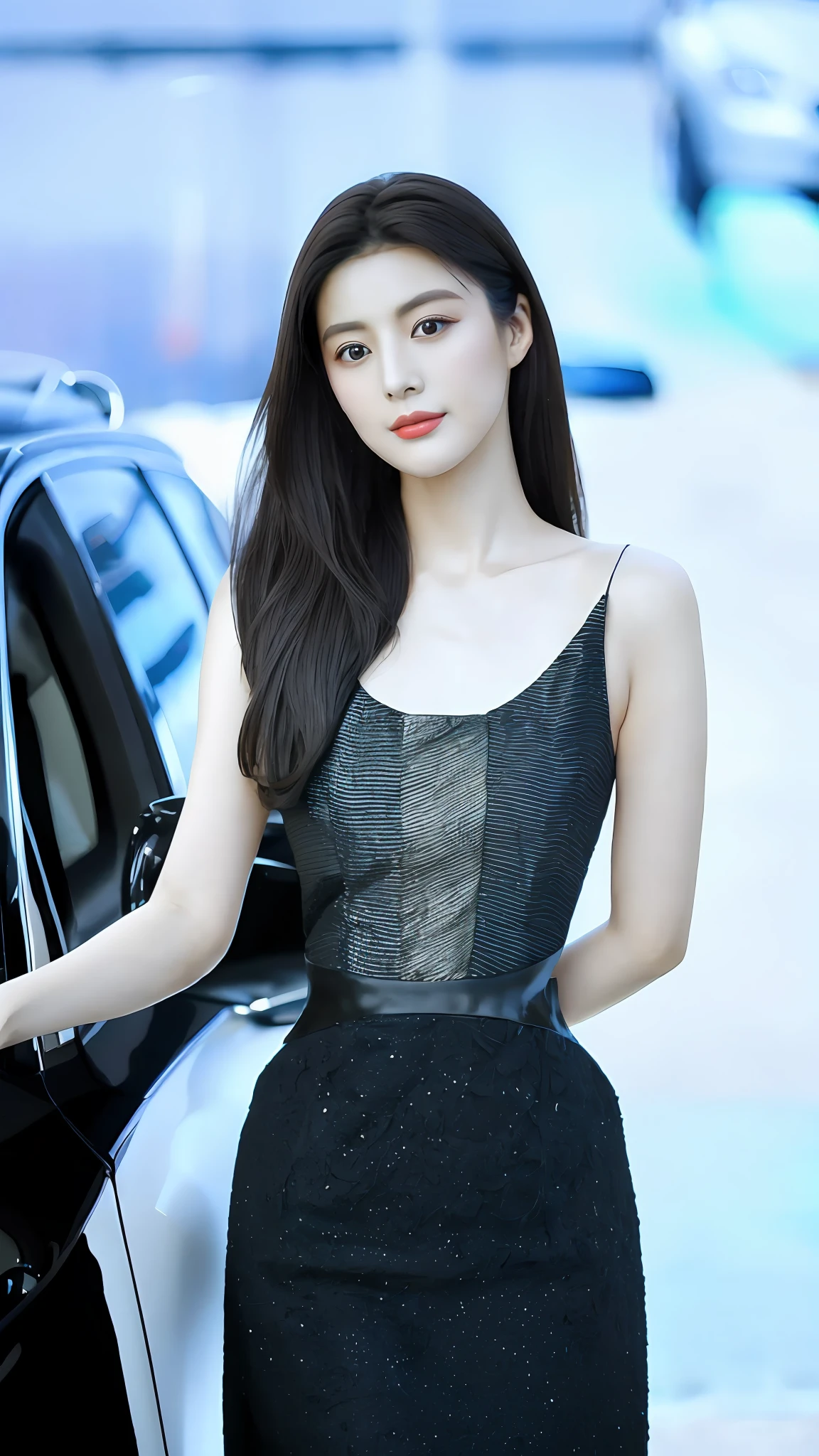 Giraffe Frau in einem schwarzen Kleid, die neben einem Auto steht, koreanisches Damenmode-Modell, süße koreanische Schauspielerin, dilraba dilmurat, hwang se - on, schöne südkoreanische Frau, Jaeyeon Nam, wunderschöne junge koreanische Frau, Lee Ji-Eun, Lee Ji-eun, jia, Schauspielerin aus Korea, Park ji-min, gongbi