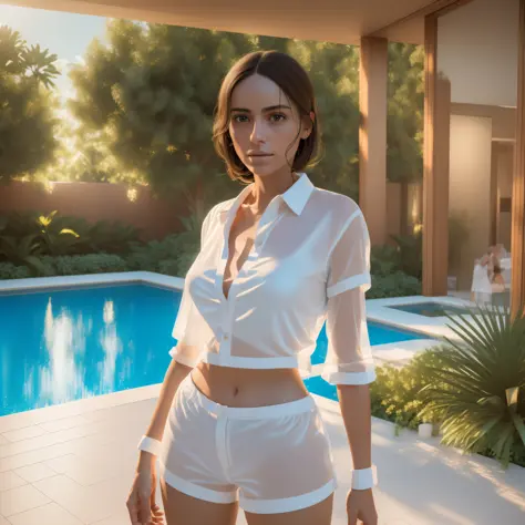 a beautiful woman standing by the pool, she is wearing see-through white shirt and short shorts, the skin shines through the shi...