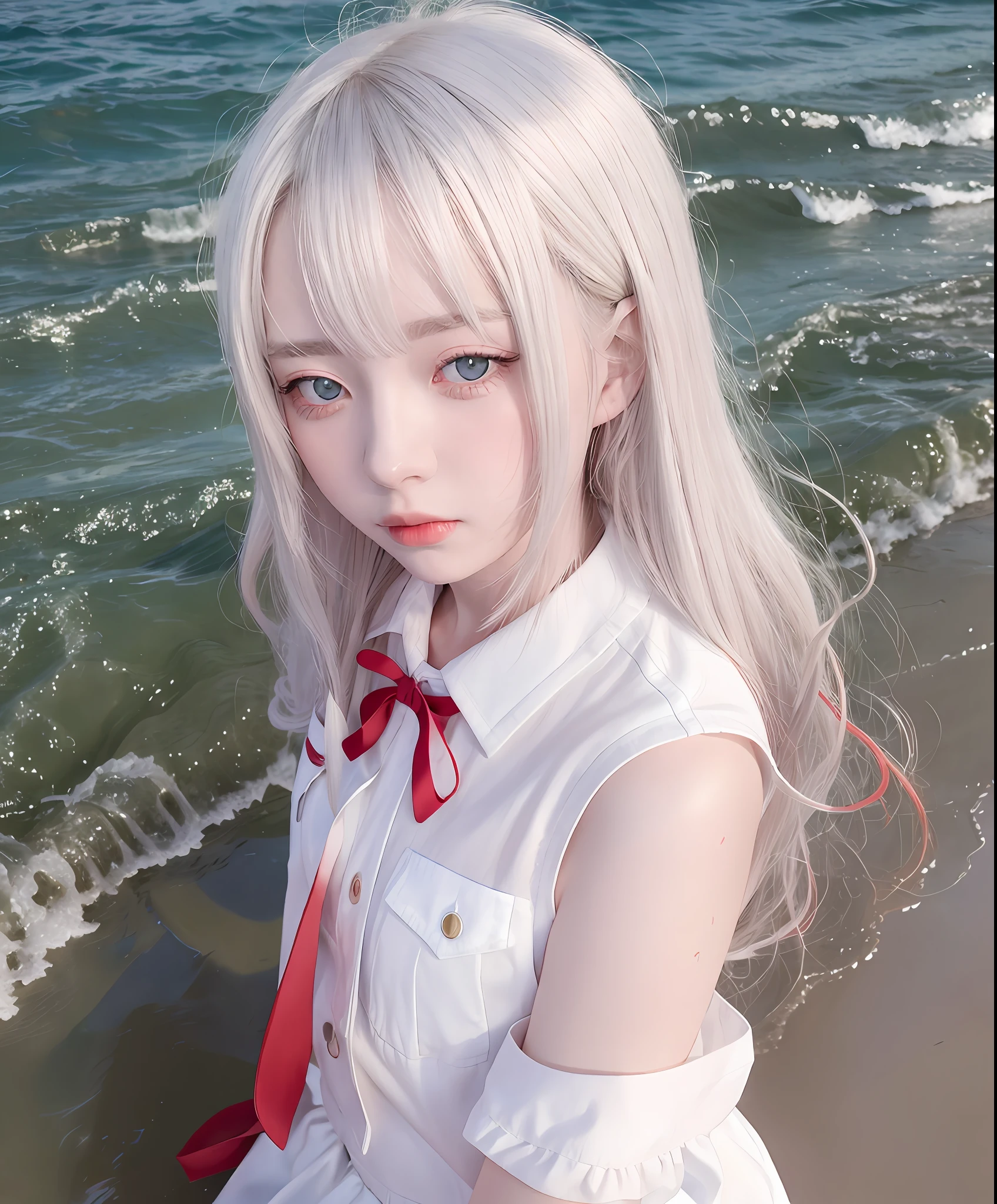 white hair, red eyes, shy blush, uniform, girl, water, seaside, beach, sunny