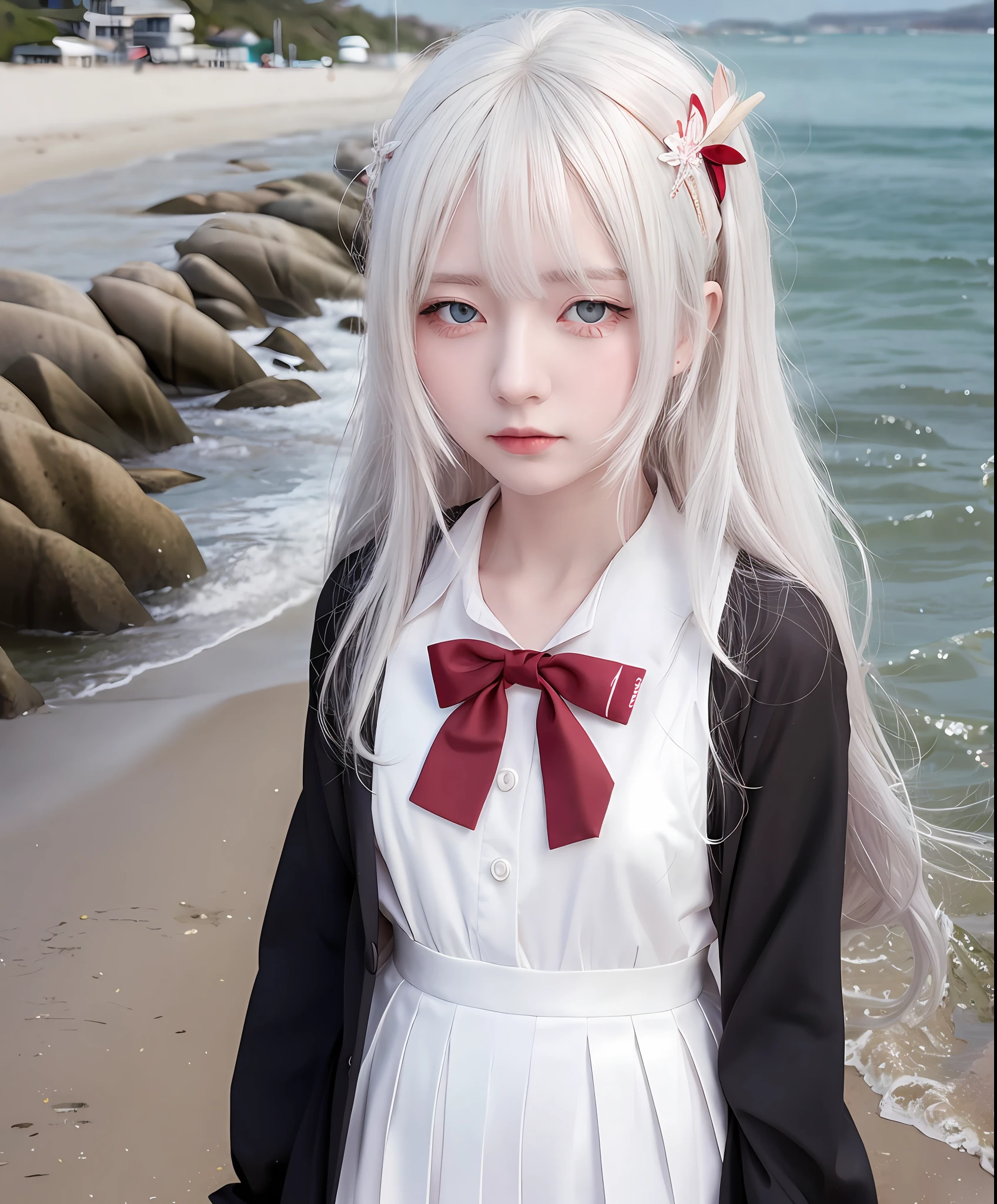 cheveux blancs, les yeux rouges, timide rougir, uniforme, fille, eau, Bord de mer, plage, ensoleillé