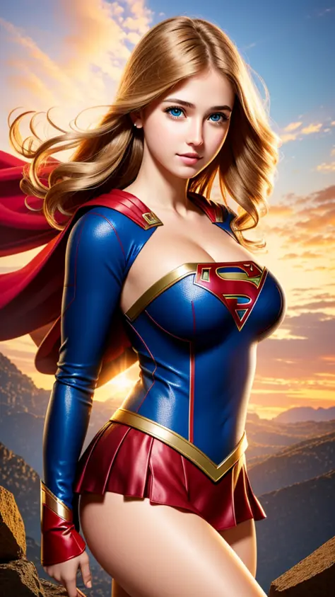 photo portrait of  the Supergirl, colorful, realistic round eyes, dreamy magical atmosphere, superheroine costume,  (large breasts:1.3),