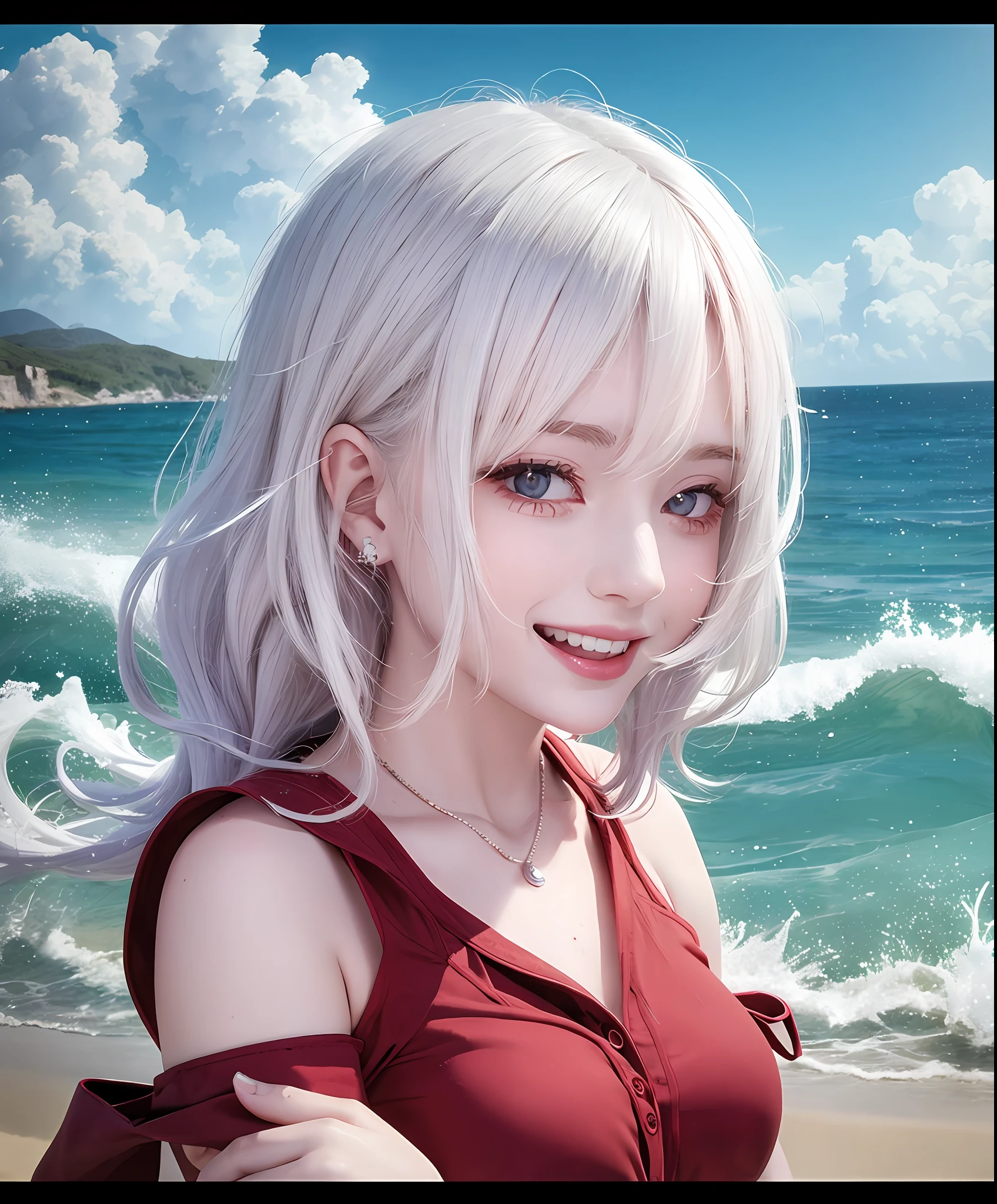 white hair, red eyes, laughing, water, seaside, beach, sunny girl