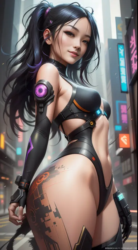 Beautiful hyperrealistic photograph of cute smiling asian cyberpunk female, shapeless cyberpunk hair, (((dynamic pose))), elegant pose, cyberpunk street background, abstract beauty, near perfection, pure form, Golden Ratio, minimalism, concept art, By Bria...