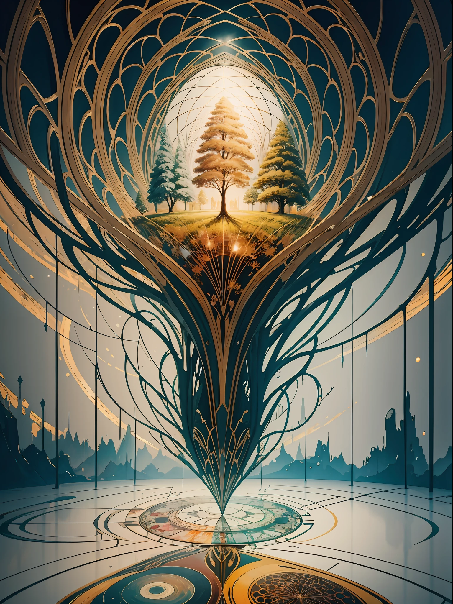 Beautiful symmetrical full body photo painted in oil with thick brushstrokes and wet paint, Fibonacci, golden ratio, melted wax, visible brushstrokes, surrounded by crystal spheres, 3D tessellation wireframe, neural graphic, neurons, tree of life, color, love, passion, oil on canvas, thick brushstrokes, insanely detailed, 8k uhd, masterpiece, artstation, surreal