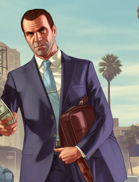 GTA V-style suit man holding a large handful of dollars